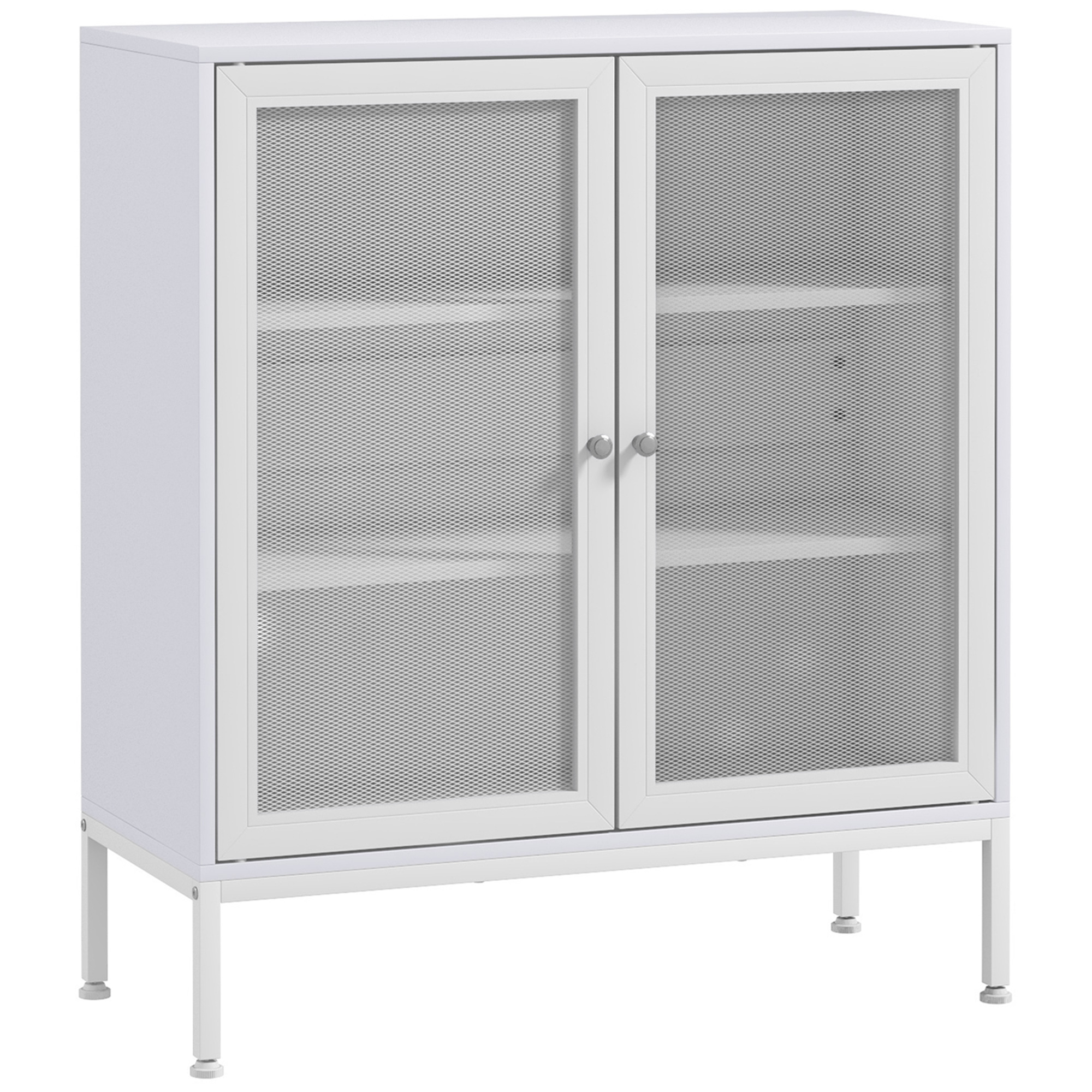 HOMCOM Aparador con 3 Estantes Aparador Comedor Mueble Auxiliar con Puertas de Rejilla Metálica y Estante Ajustable 80x37x92 cm Blanco | Aosom España