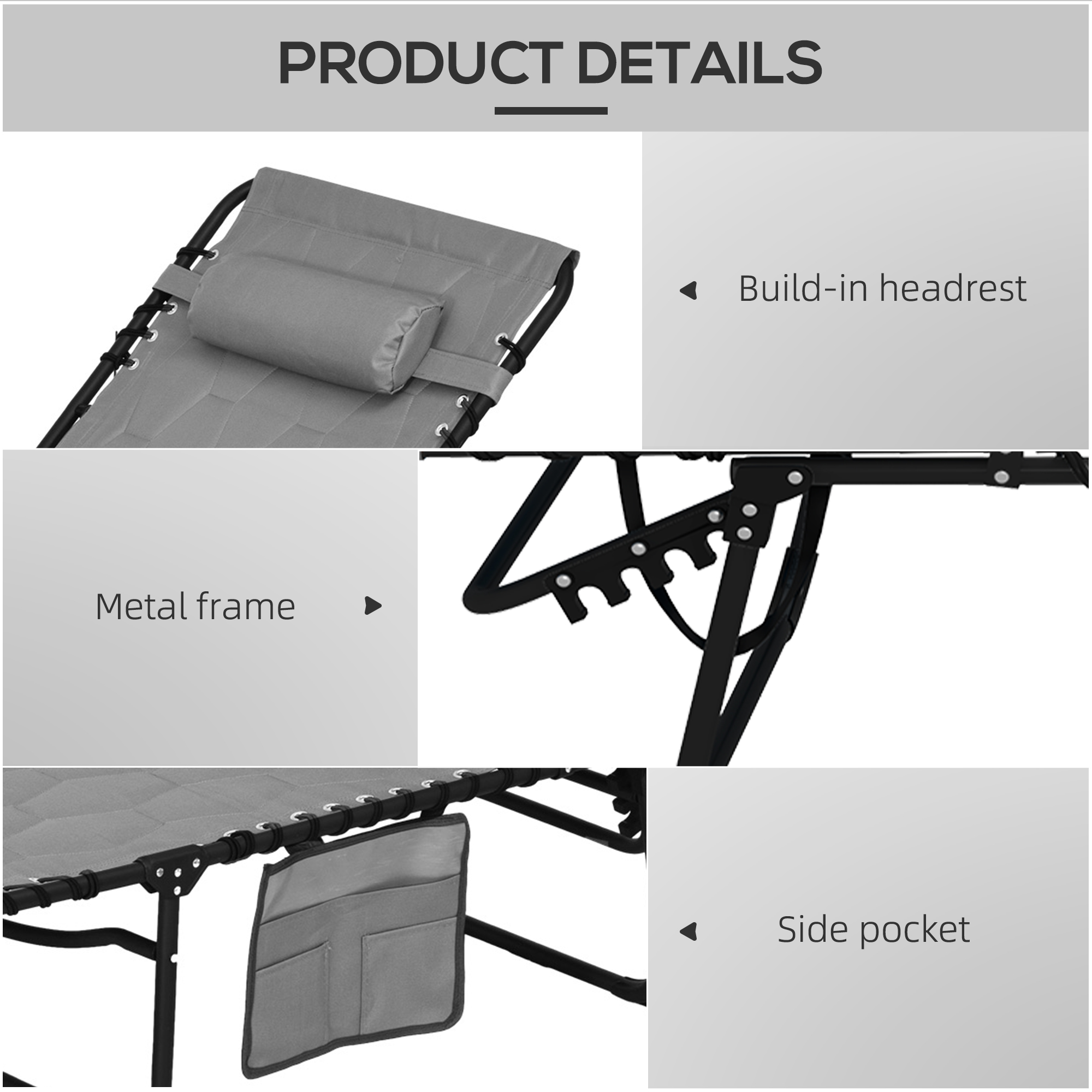 Outsunny Set of Two Sun Loungers, with Five-Position Reclining Backs Grey 5