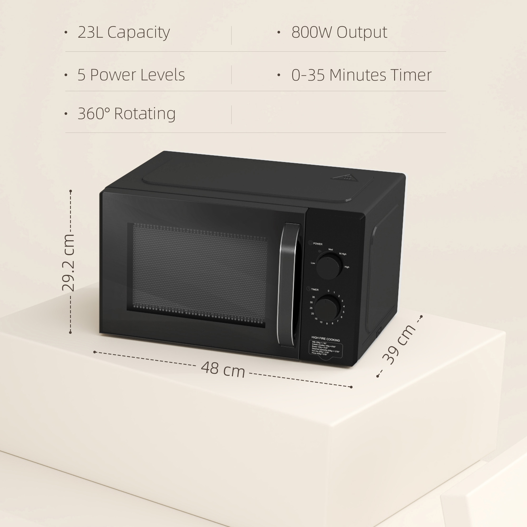 HOMCOM 23L 800W Microwave Oven, Solo Manual Microwave with 5 Power Levels, Defrost, 35 Minutes Timer, Clock, Easy Clean, Small Black Microwave 3