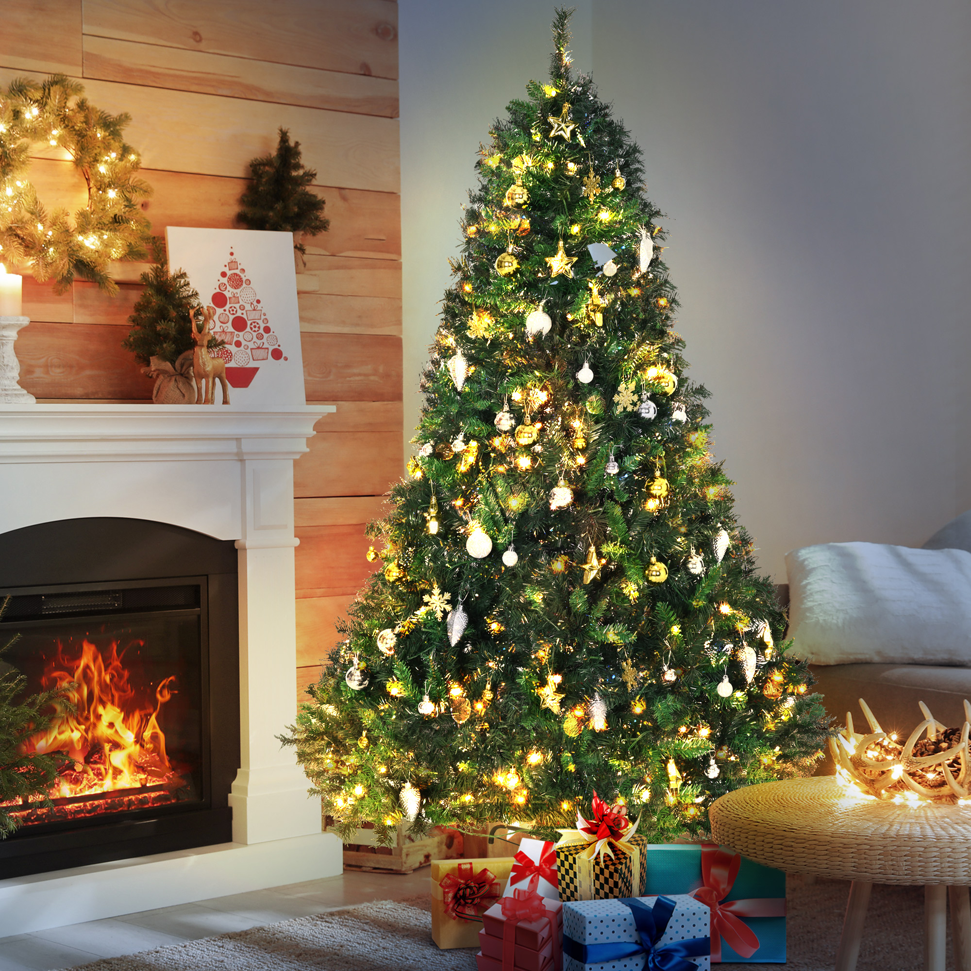 HOMCOM 1.8m 6ft Pre-Lit Artificial Christmas Tree 200 LED Xmas Tree Holiday Décor with Decorative Balls Ornament Metal Stand 2