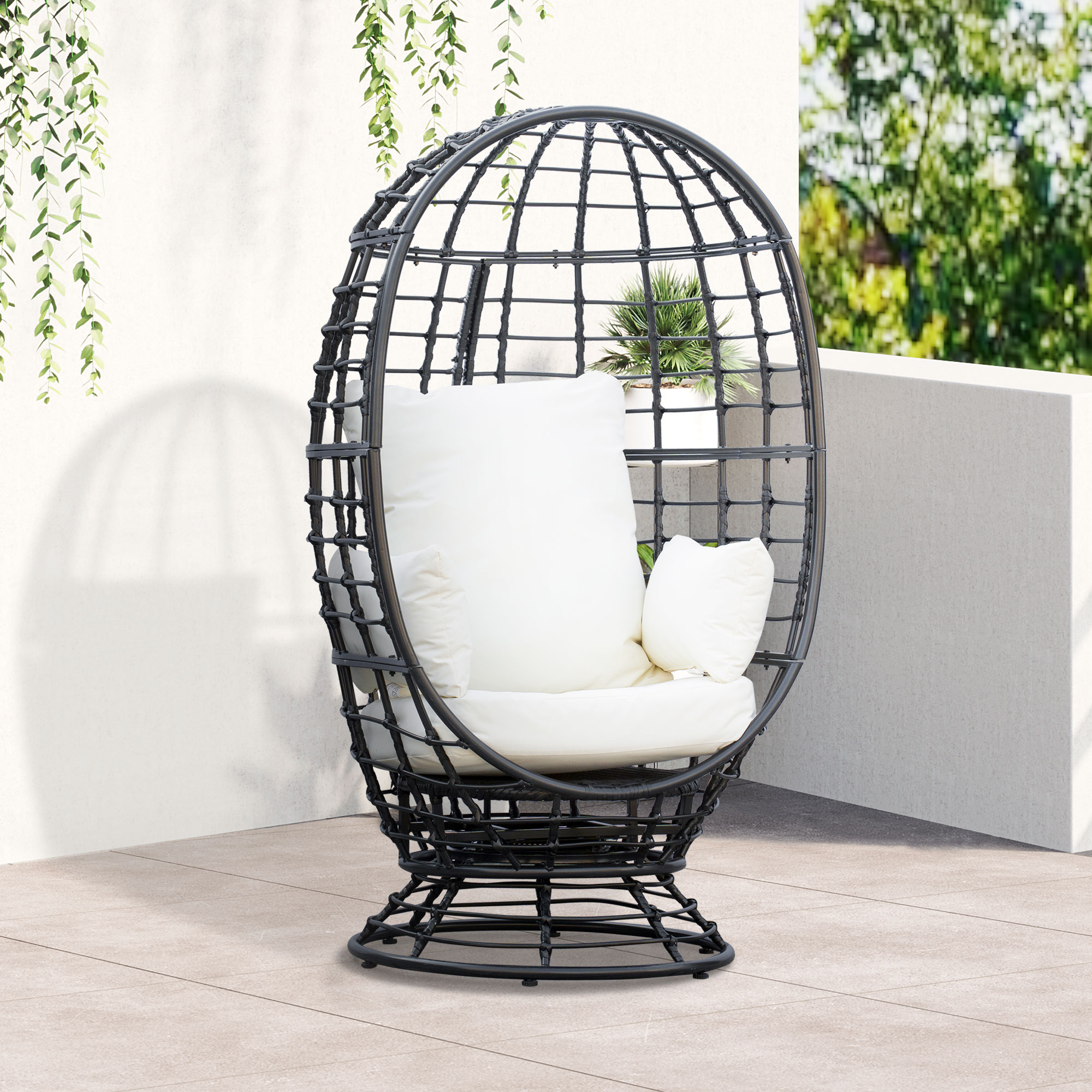 Outsunny 360° Swivel Egg Chair, Garden Rattan Swivel Chair with Thickened Cushion and Pillow, 150 KG Capacity for Indoor Outdoor, Balcony, Patio, Black 2