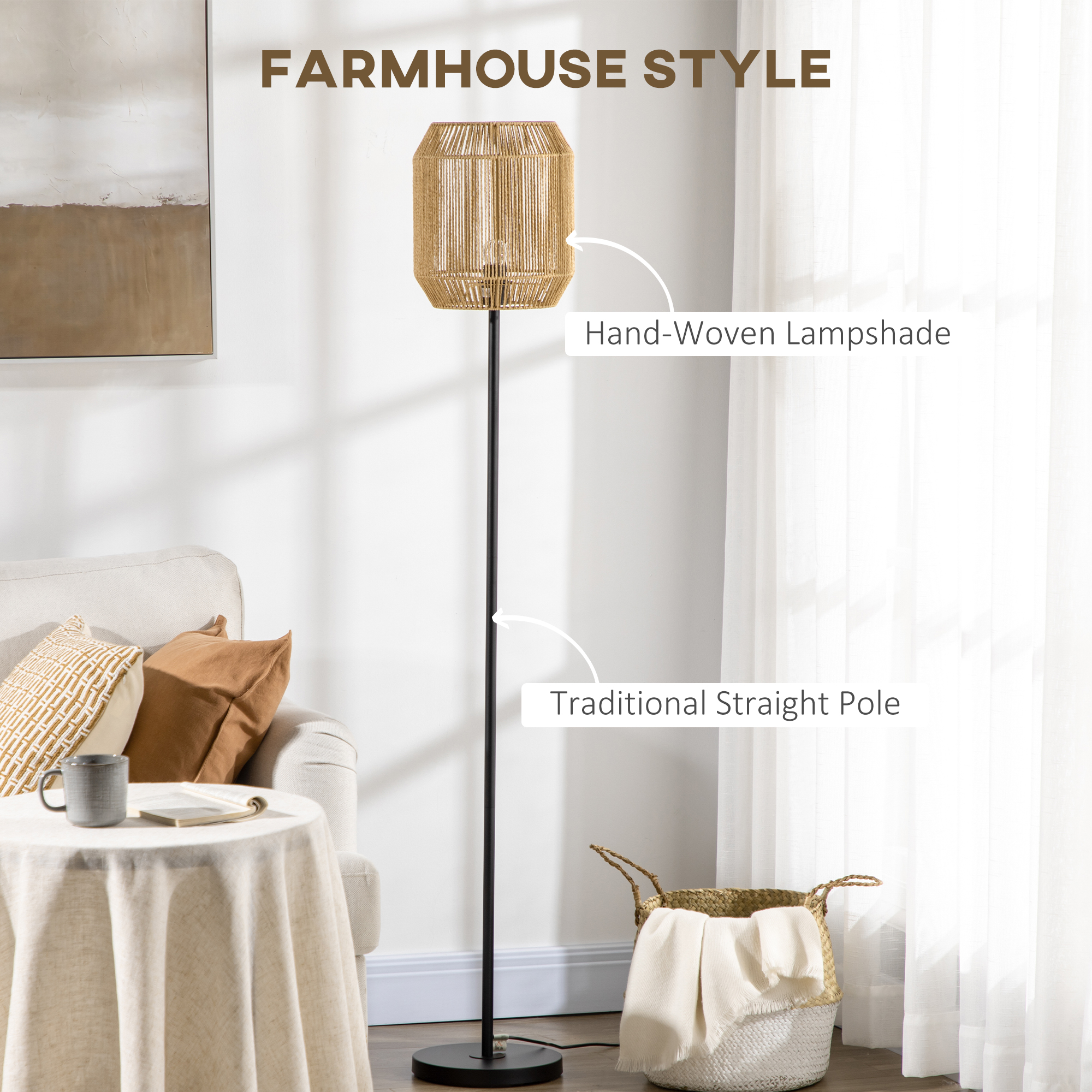 HOMCOM Farmhouse Standing Lamp, Floor Lamps with Hand Woven Rattan Lampshade for Living Room 4