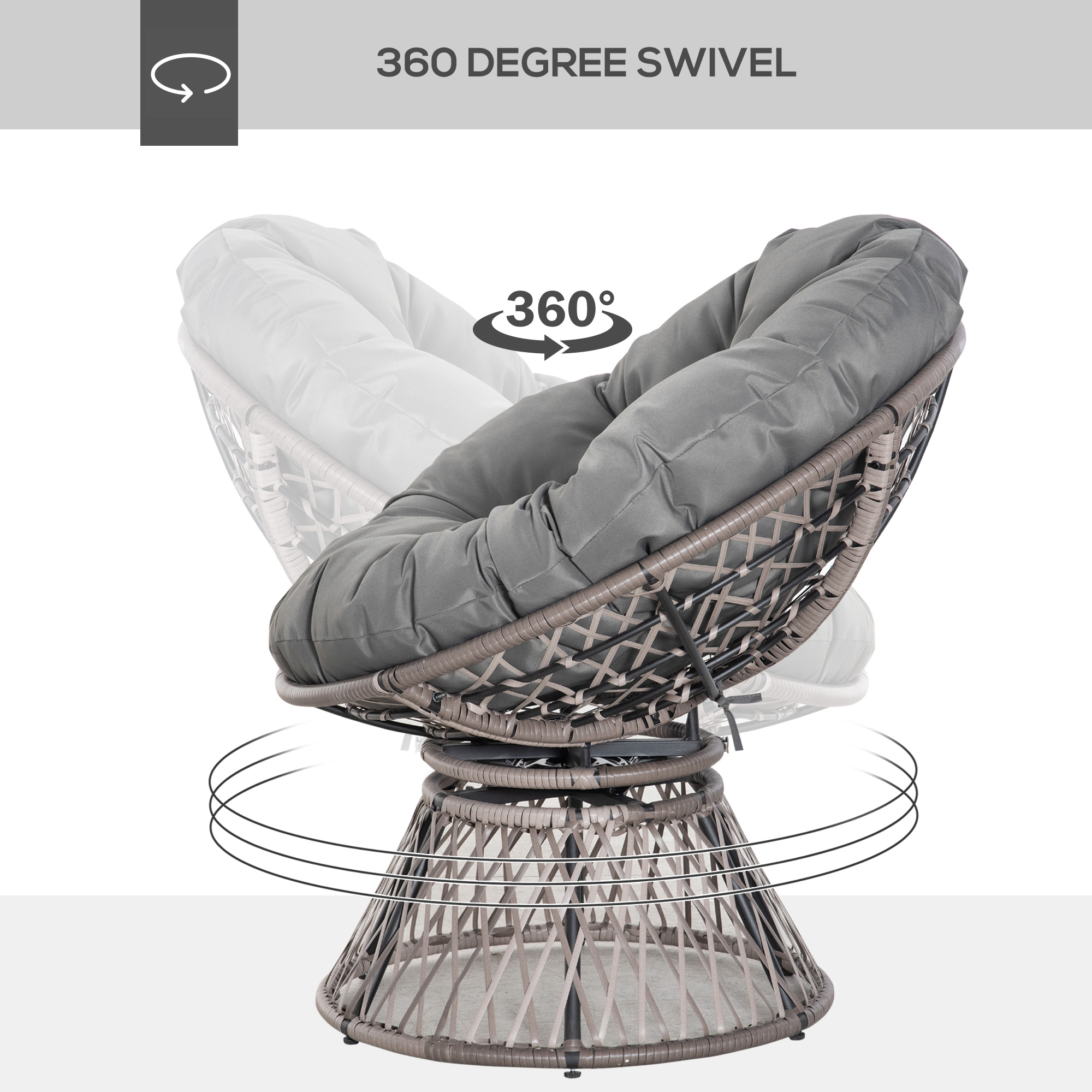 Outsunny 360° Swivel Rattan Papasan Moon Bowl Chair Round Lounge Garden Wicker Basket Seat with Padded Cushion Oversized for Outdoor Indoor, Grey 4