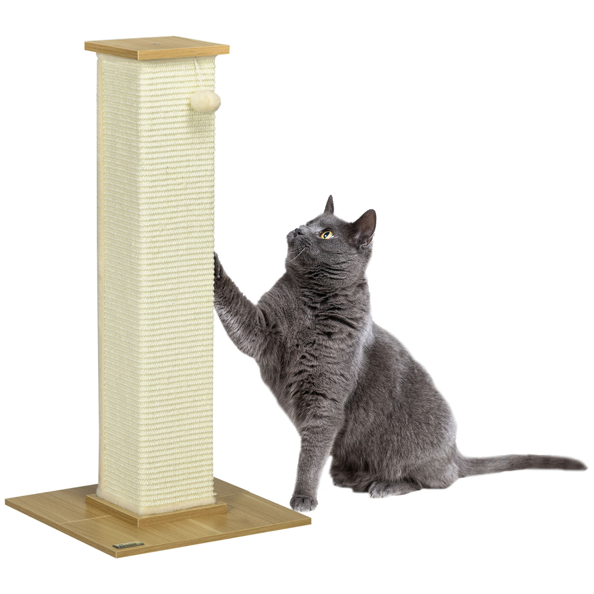PawHut Poste Rascador para Gatos de 80 cm con Poste de Sisal Bola Colgante 38x38x80 cm Roble Entretenimiento y Descanso | Aosom España