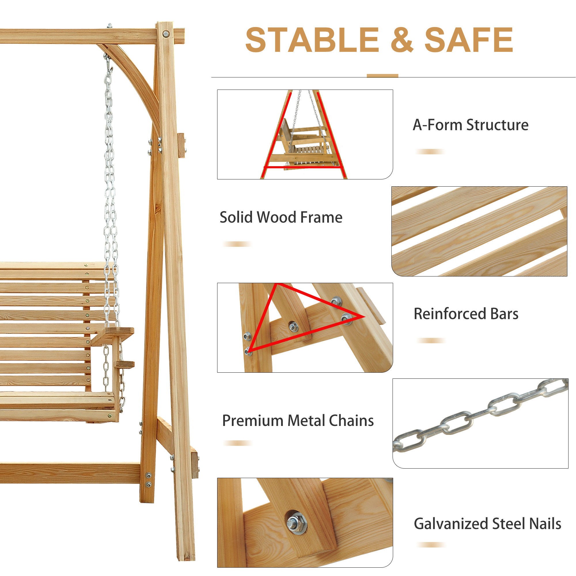 Outsunny 2 Seater Garden Swing Seat, Wooden Swing Chair Bench with Cup Holders for Outdoor Porch Patio, Natural 5