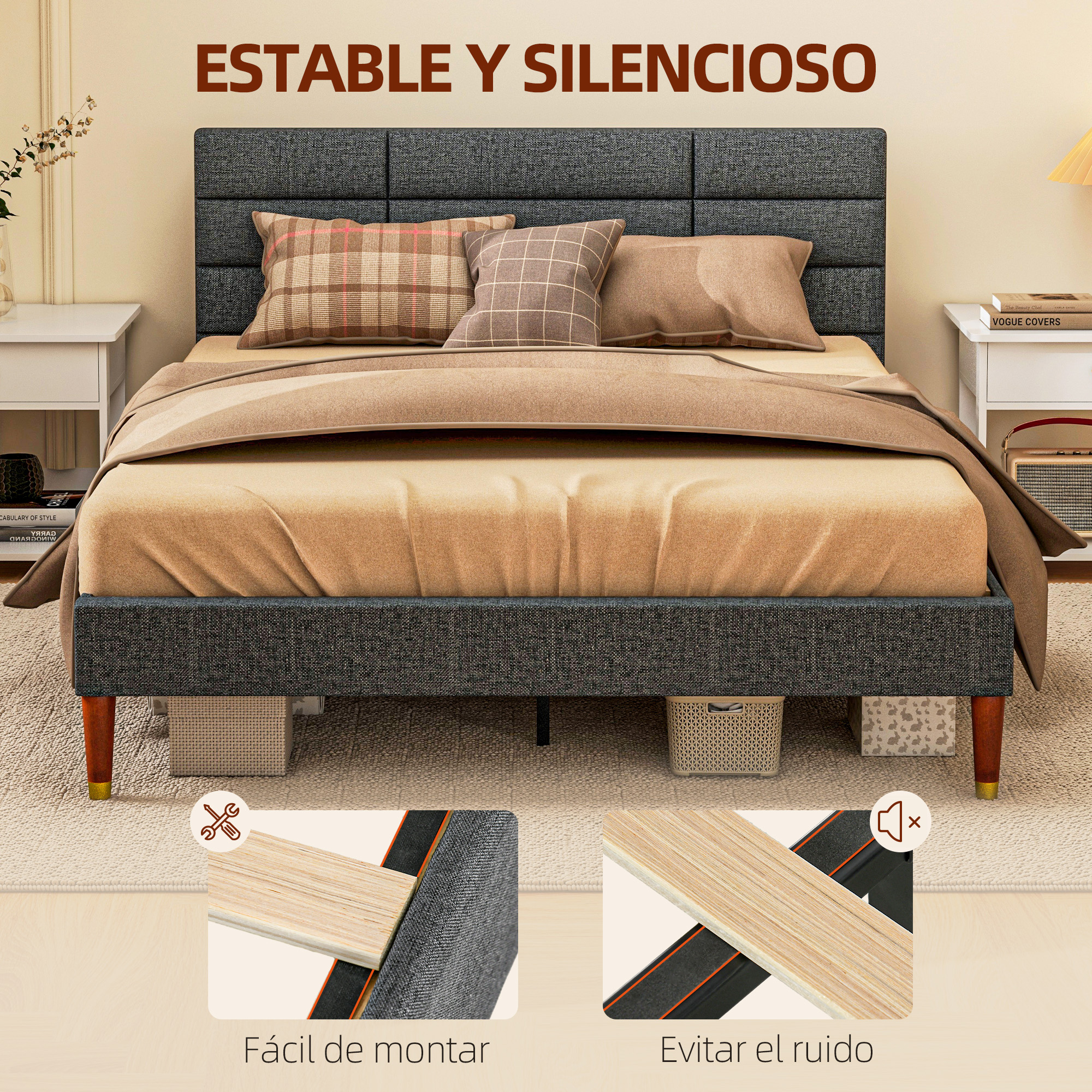 Cama HOMCOM 135x190cm - Cabecero Tapizado + Almacenamiento - Gris