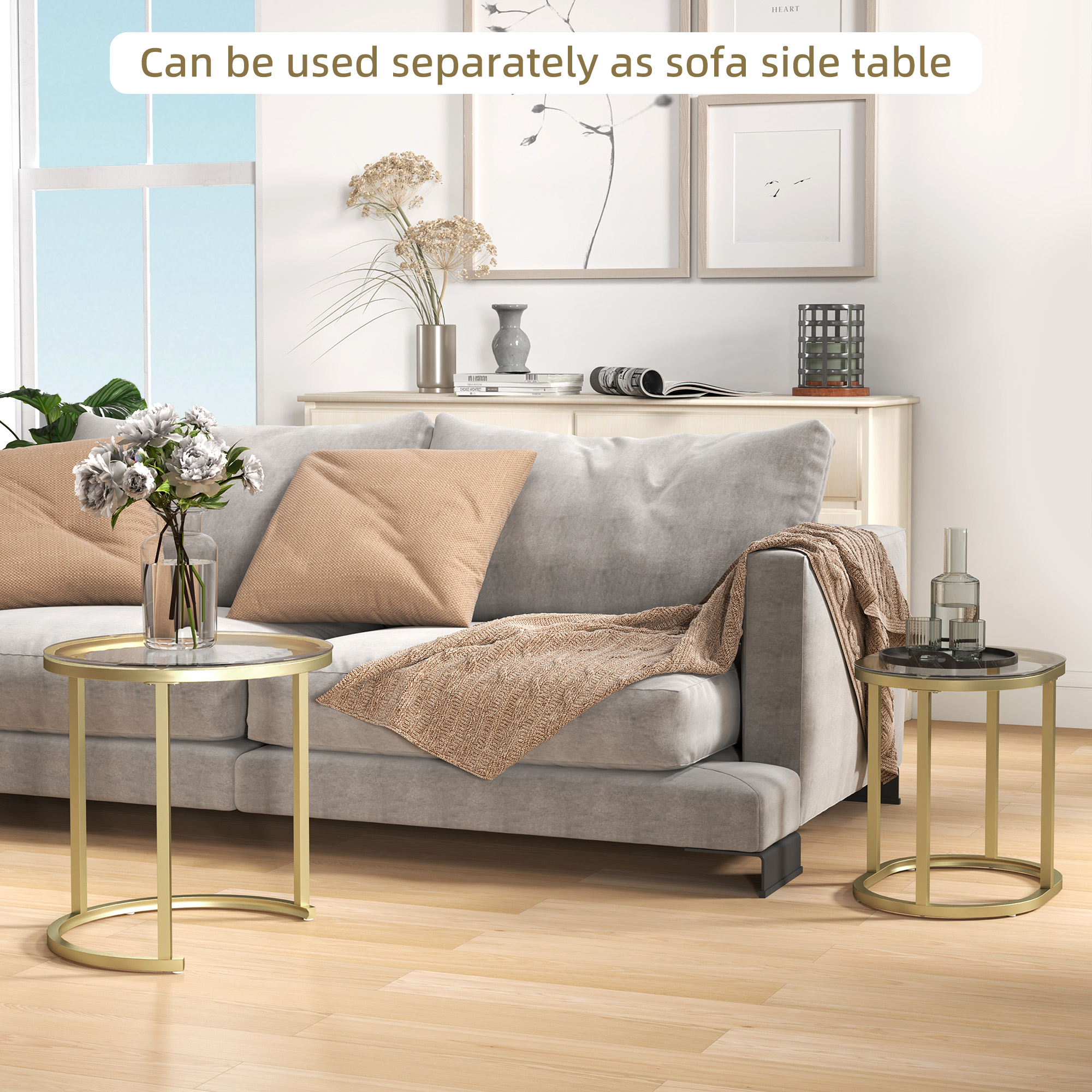 HOMCOM Modern Coffee Table Set of 2, Nest of Tables with Steel Frame and Tempered Glass Tabletop, Side Tables for Living Room Bedroom, Clear 7