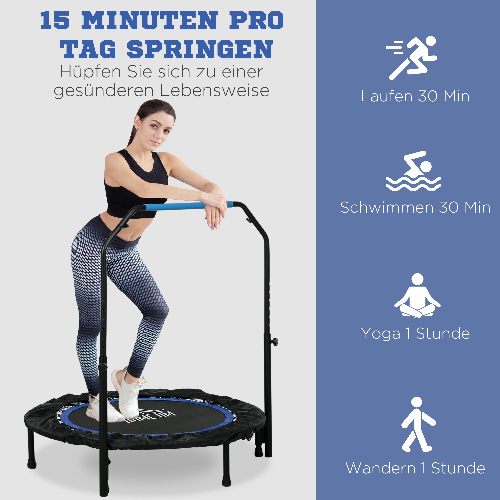 Fitness-batuut, kokkupandav, reguleeritava käepidemega, Ø102x123K cm, kuni 150 kg, must/sinine