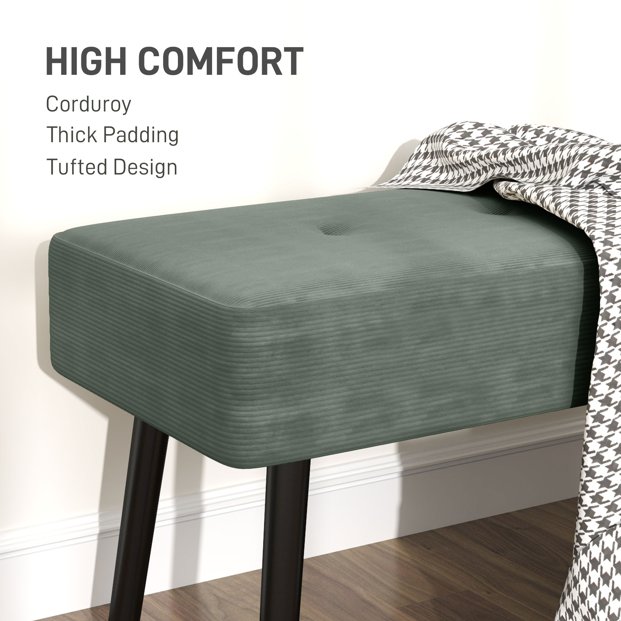 HOMCOM End of Bed Bench, Corduroy Bedroom Bench with Thick Padding and Steel Legs, Tufted Window Seat for Entryway, Living Room, Green 4