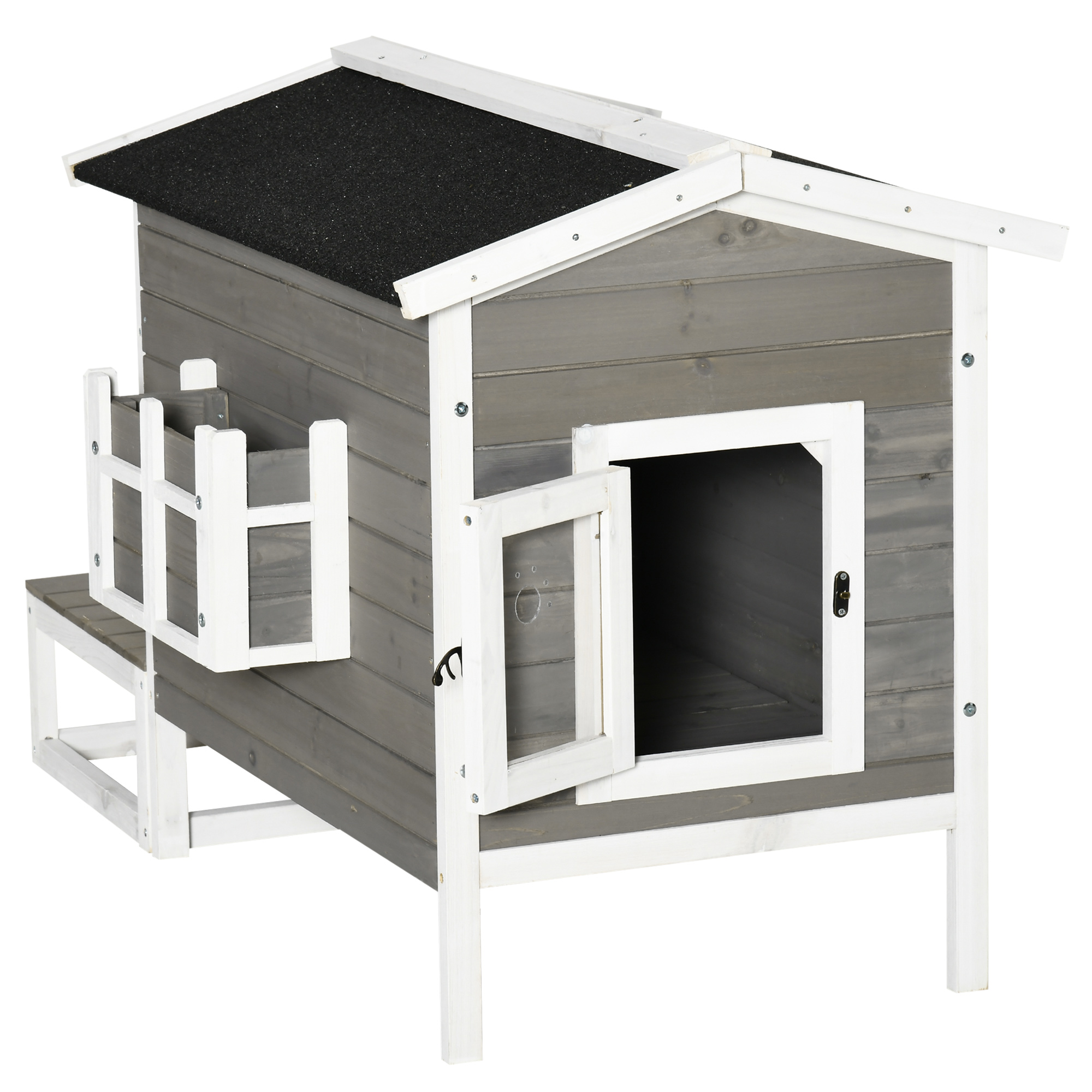 Comparer les prix de PawHut Maisonnette pour chats niche extérieure surélevé avec terrasse étanche en bois, dim. 115L x 66,5P x 74,7H cm, gris