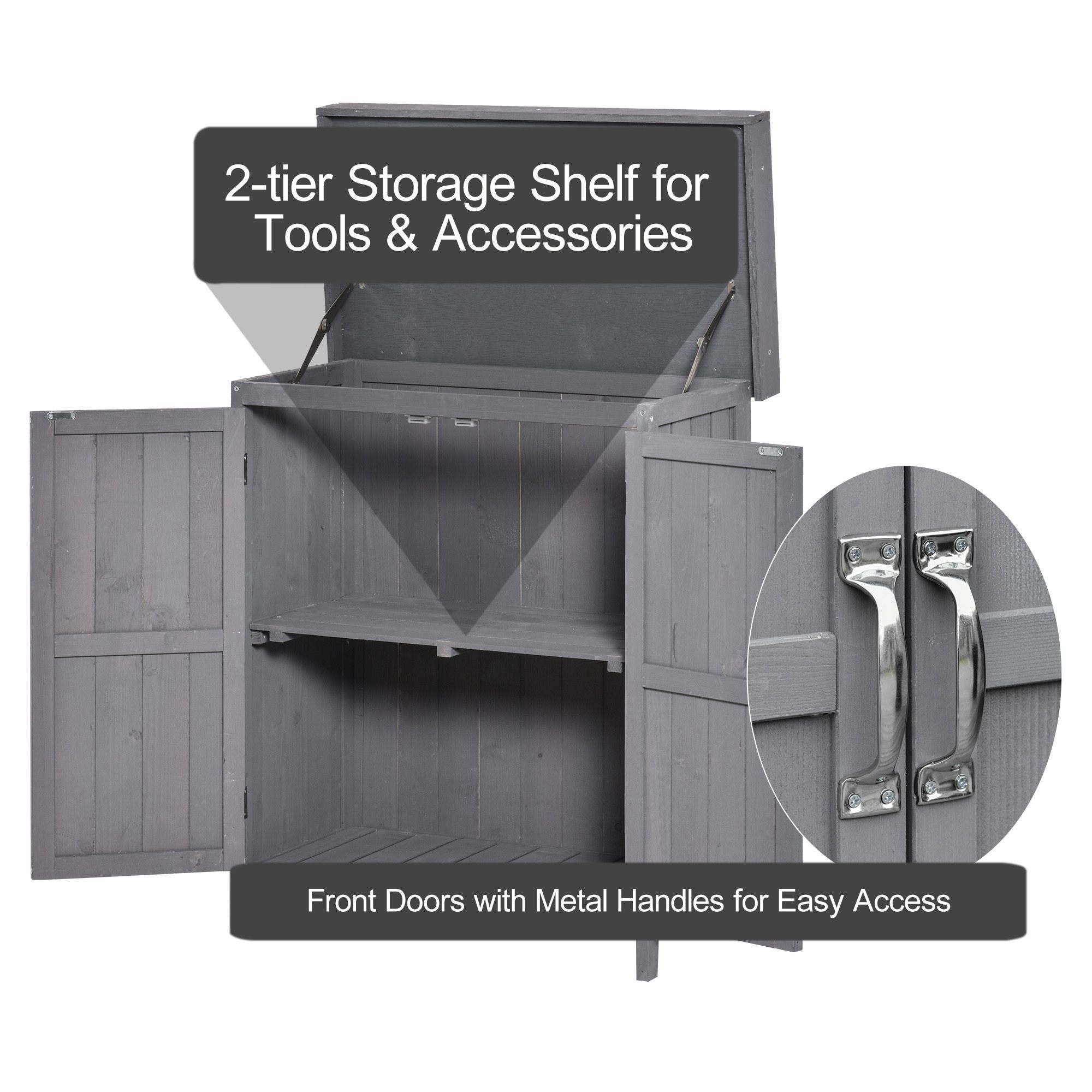 Outsunny Small Shed, Wooden Garden Shed with Openable Hinged Roof and Removable Shelf, Outdoor Tool Storage Cabinet Chest with Double Doors, 74 x 43 x 88 cm, Grey 9