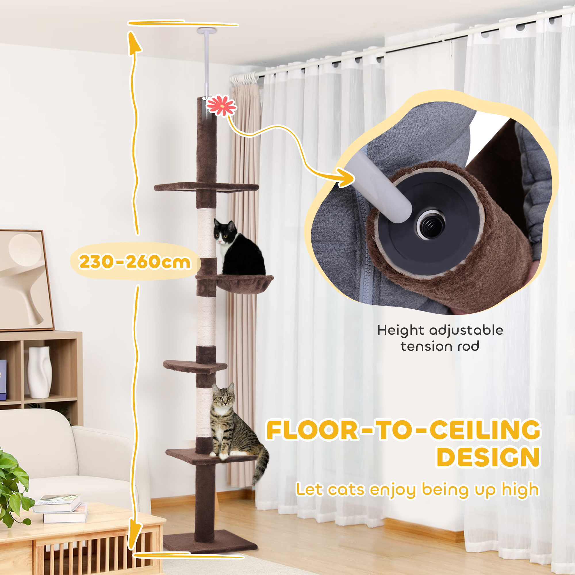 PawHut Floor to Ceiling Cat Tree Height Adjustable 230-260cm, 5-Tier Cat Tower with Scratching Post, Hammock, Perches, Climbing Activity Centre for Indoor Kittens, Brown 4