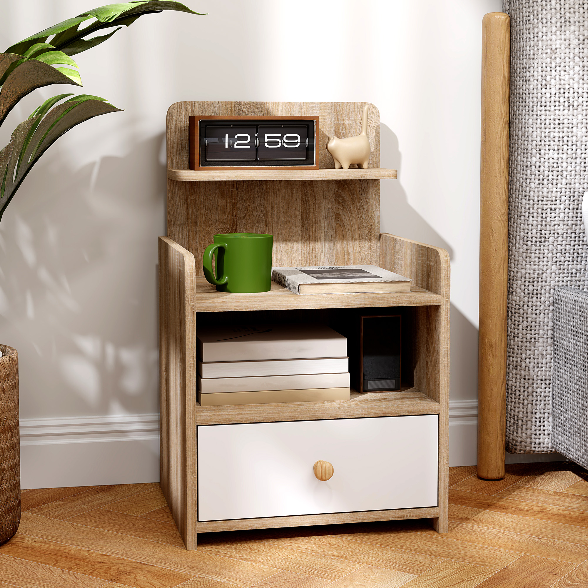 HOMCOM Multi-Storage Bedside Table White/Wood-Effect 6