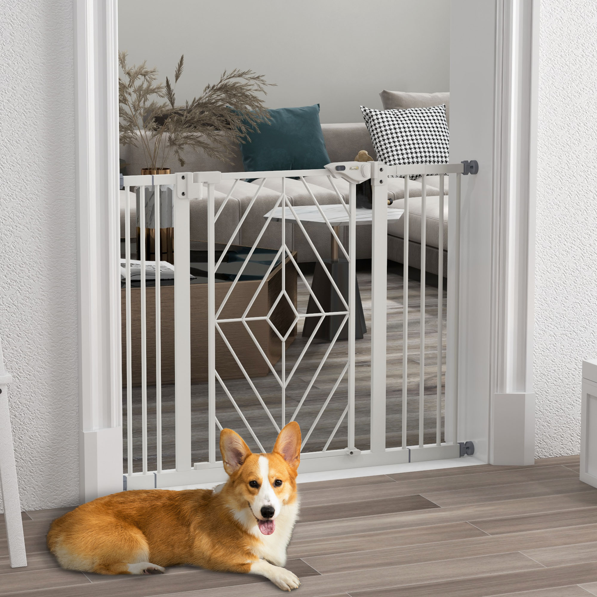 PawHut Pressure Fit Stair Gate, Dog Gate, with Auto Closing Door, Double Locking, Easy Installation, Openings 74-80cm - White