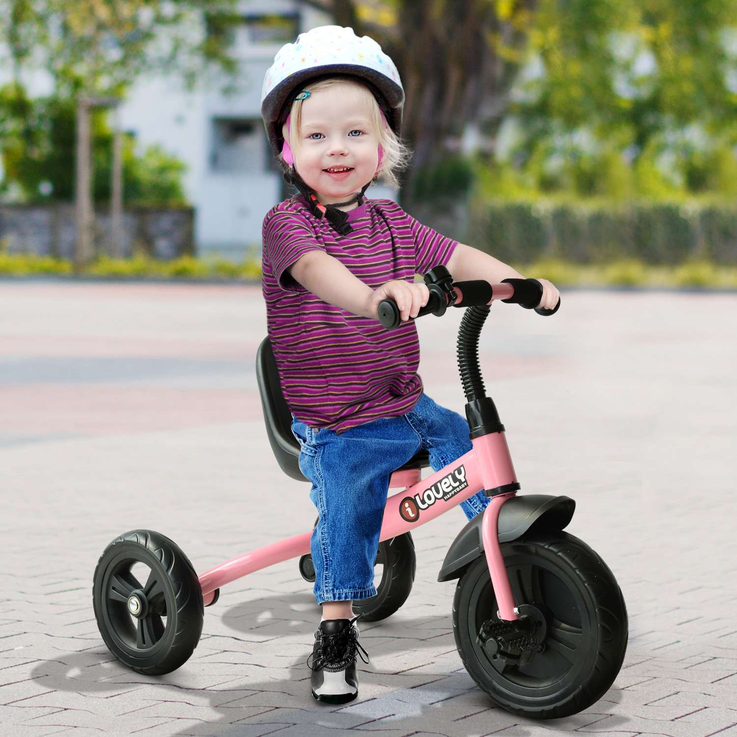 Tricycle enfant multi-équipé garde-boue sonnette panier pédales antidérapantes siège réglable avec dossier bleu - Aiyaplay