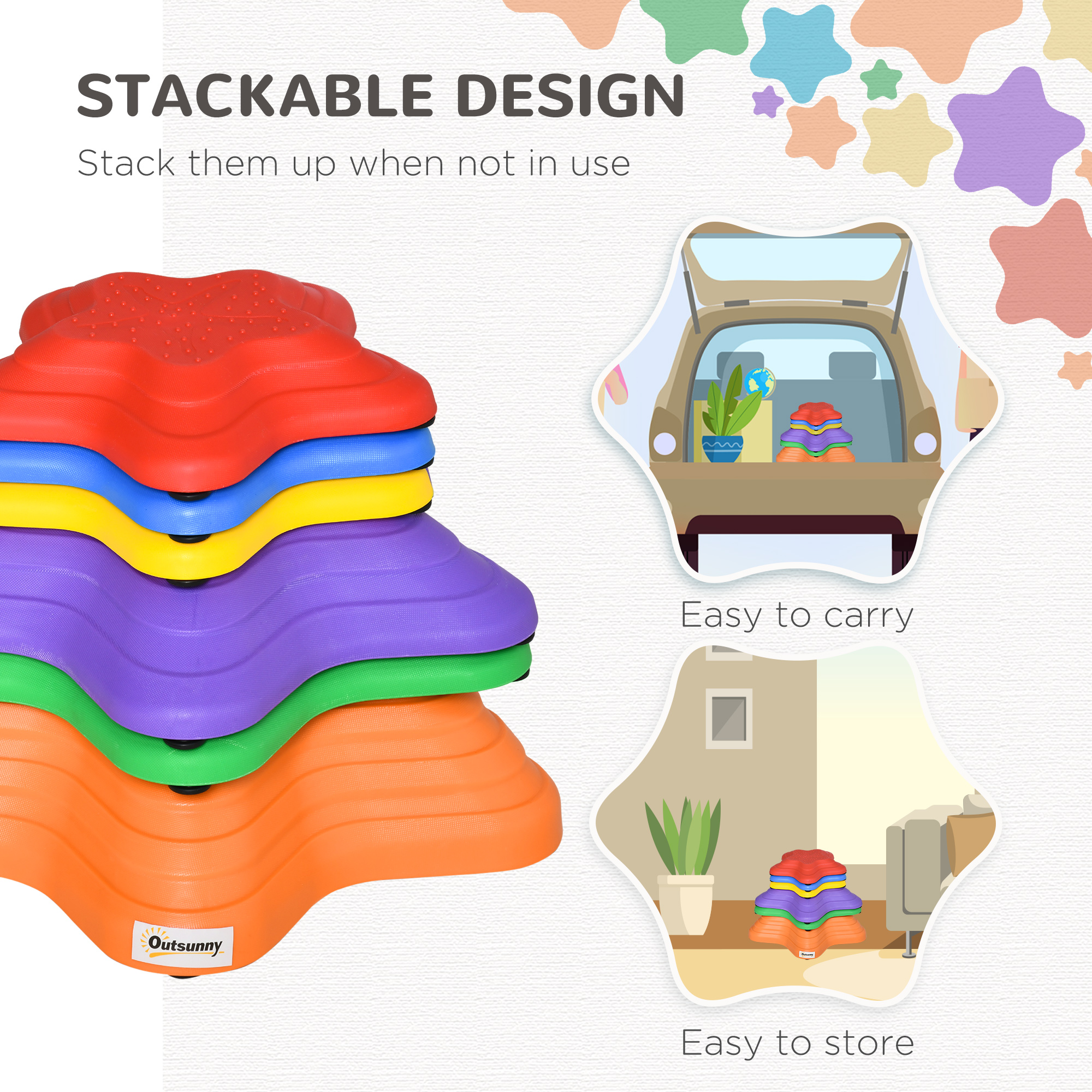 Outsunny Balance Stepping Stones Kids, 6-Piece Starfish Style Non-slip Obstacle Course, Stackable Balance Blocks, Garden Sensory Toys for Toddler 3-8 Years, Indoor Outdoor, Multicoloured 4