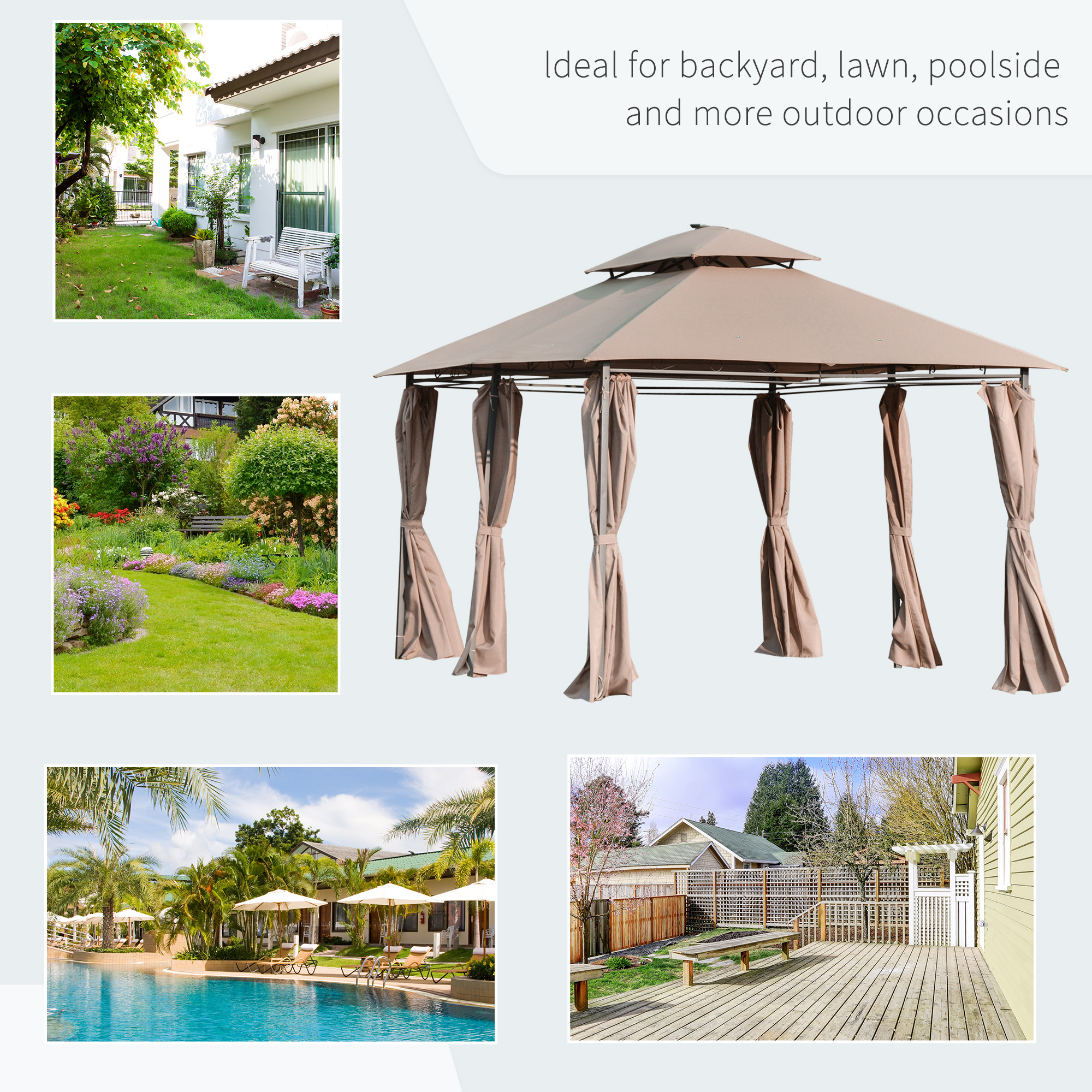 Outsunny 4 x 3(m) Outdoor Gazebo Canopy Party Tent Garden Pavilion Patio Shelter w/ LED Solar Light, Double Tier Roof, Curtains, Steel Frame, Khaki 7