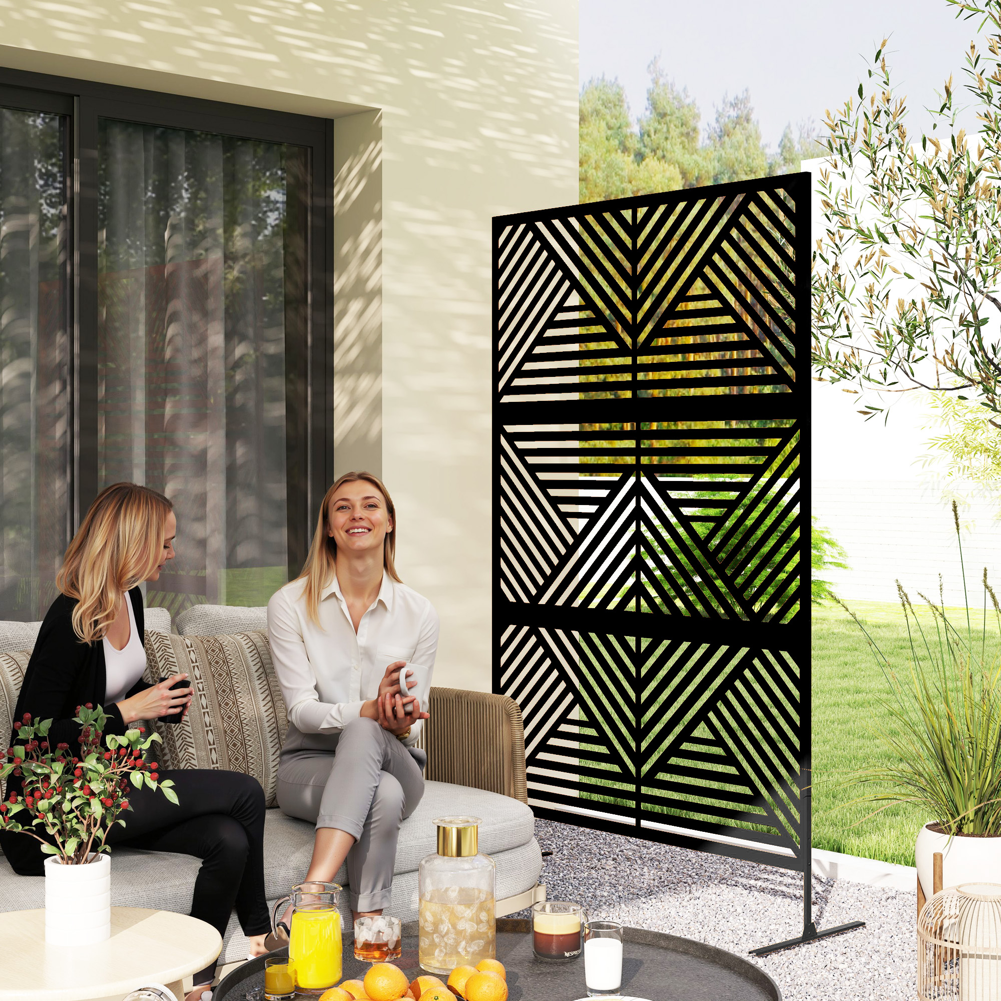 Outsunny Decorative Garden Privacy Screen with Stand, 6.5FT Freestanding Metal Outdoor Divider, Decorative Privacy Panel with Expansion Screws for Garden Pool Hot Tub, Rhombus Style, Black 2