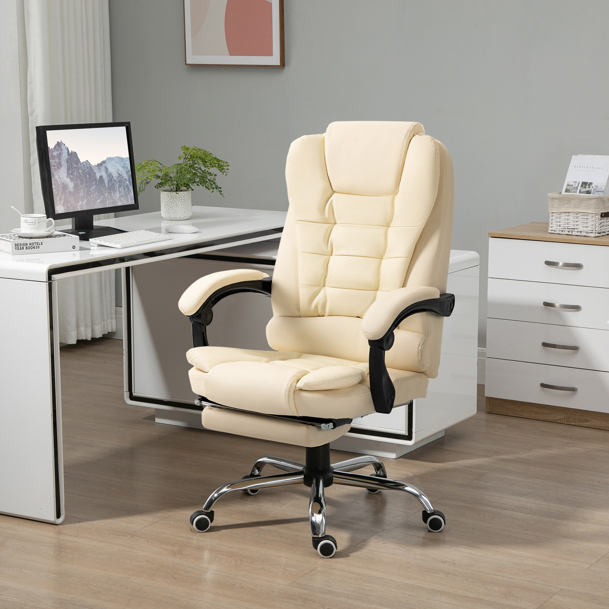HOMCOM Executive Office Chair, Home Office Chair with Swivel Wheels, Reclining Backrest, Retractable Footrest, Cream White 2