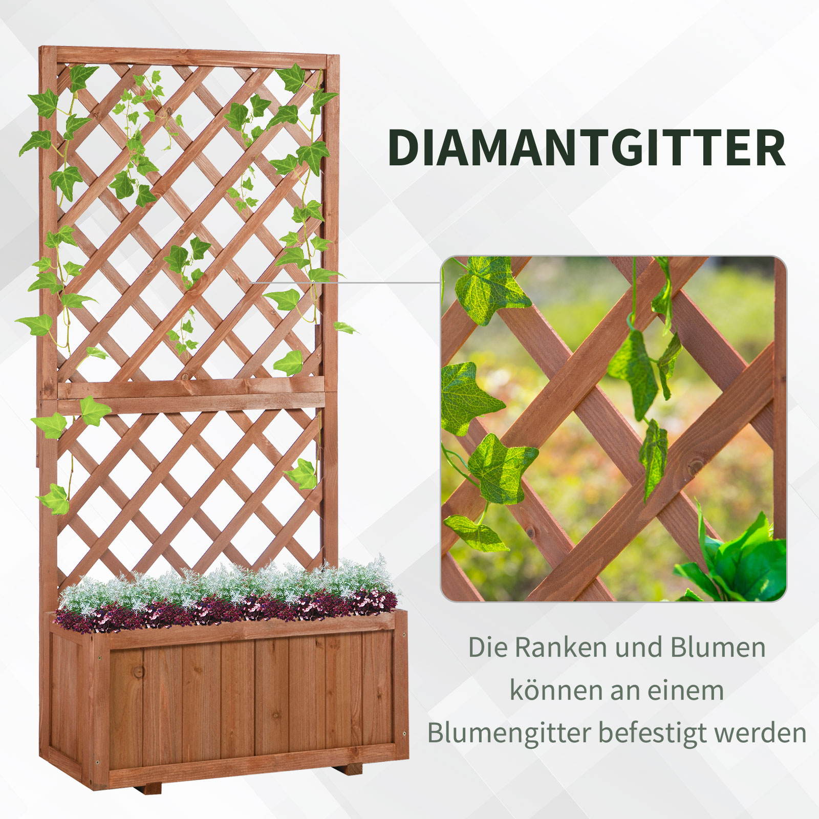 Kõrgendatud lillepott võrega, espaljee lillepott, puidust lillekast, 72,5x31,5x149,5cm aeda, rõdule, terrassile, lillepott ronitaimedele, lilled, oranž