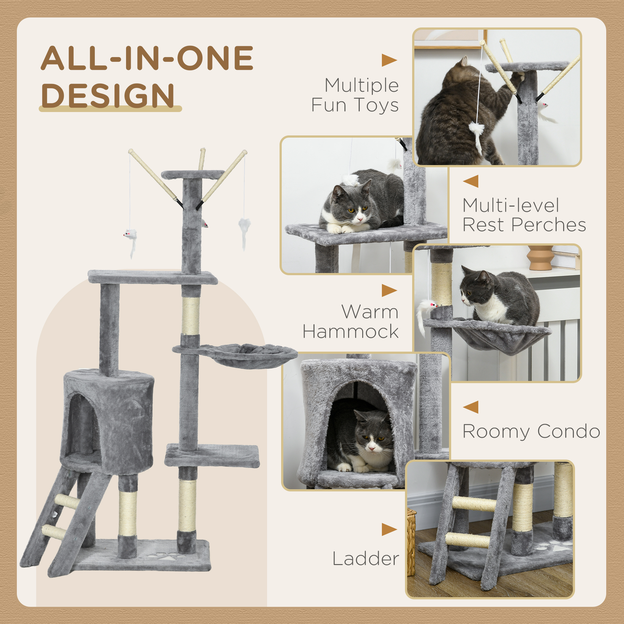 PawHut Cat Scratching Post Cat Tree for Indoor Cats Climbing Tower Scratcher w/ Ladder Kitty Activity Centre 135cm Grey 7