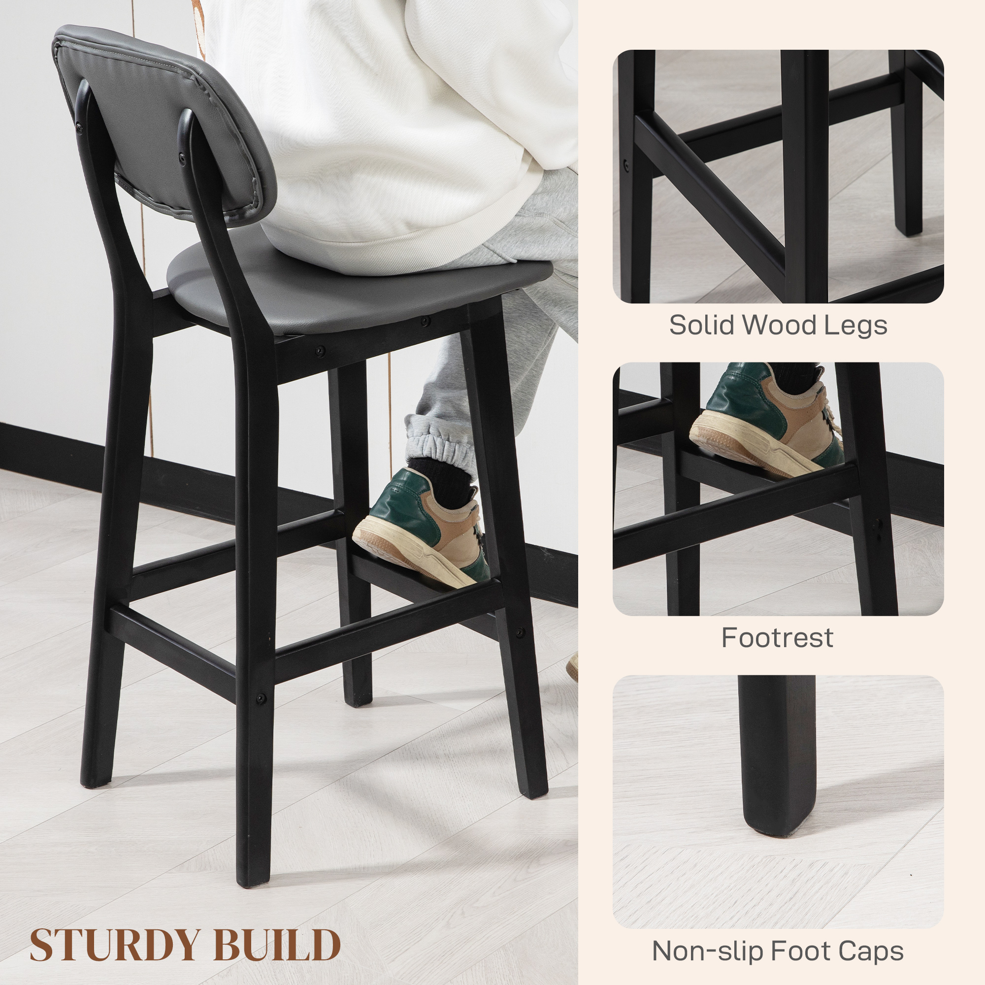 HOMCOM Bar Stools Set of 2, Breakfast Bar Chairs, PU Leather Upholstered Kitchen Stools with Backs, Footrests and Solid Wood Legs, Dark Grey 6