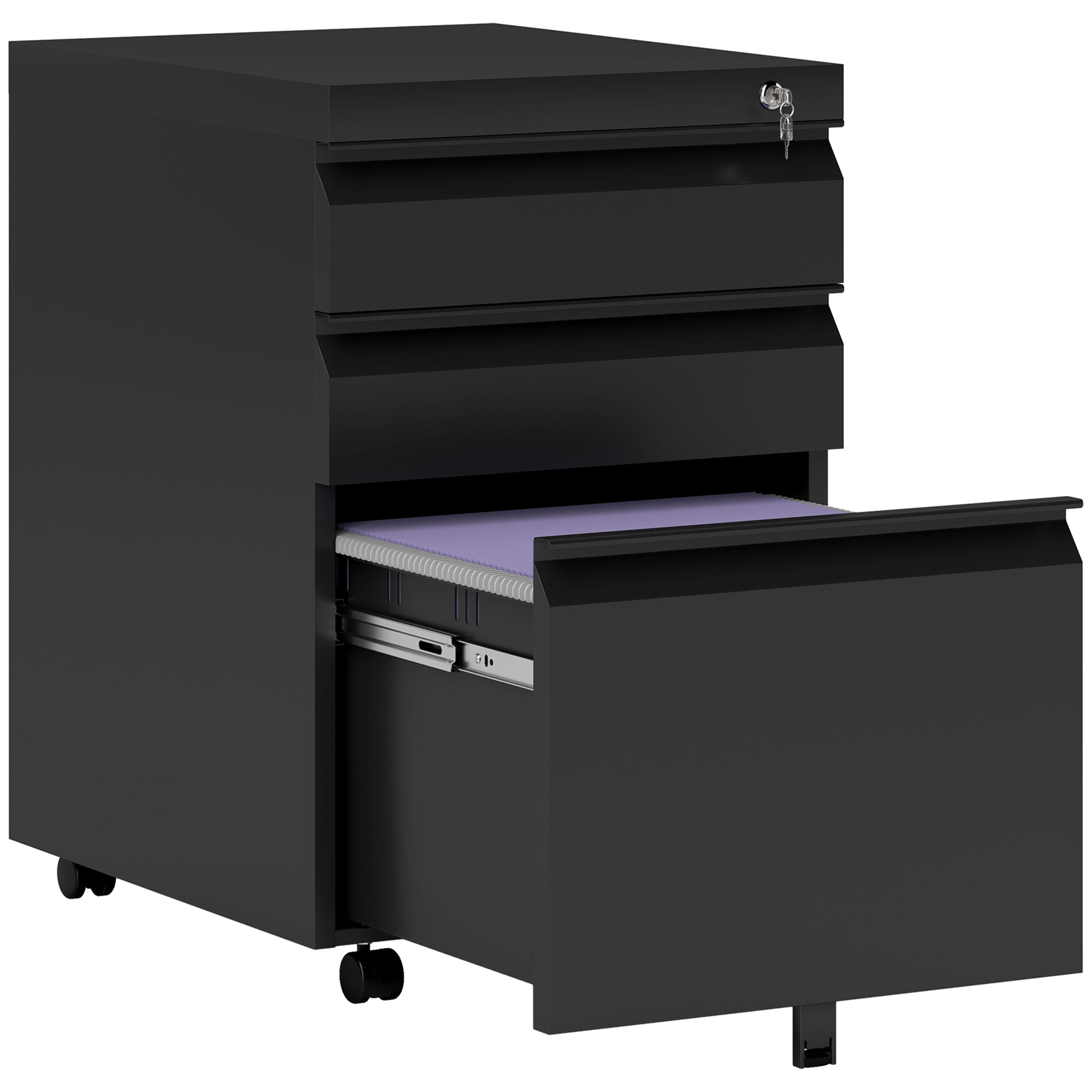 Vinsetto Mobiler Aktenschrank Mit 3 Schubladen – Mit Schloss, 5 Rollen, 39x48x60 Cm