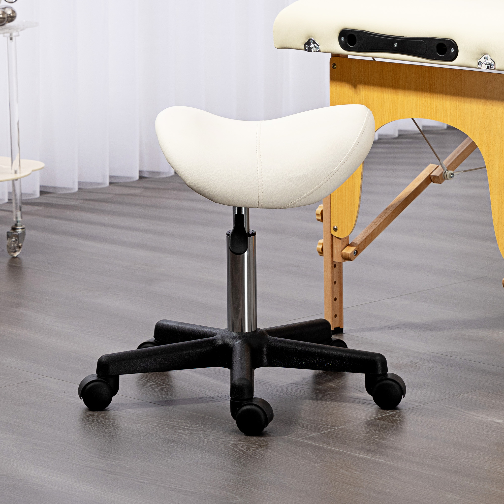 HOMCOM Saddle Stool, PU Leather Adjustable Rolling Salon Chair with Steel Frame for Massage, Spa, Beauty and Tattoo, White 8