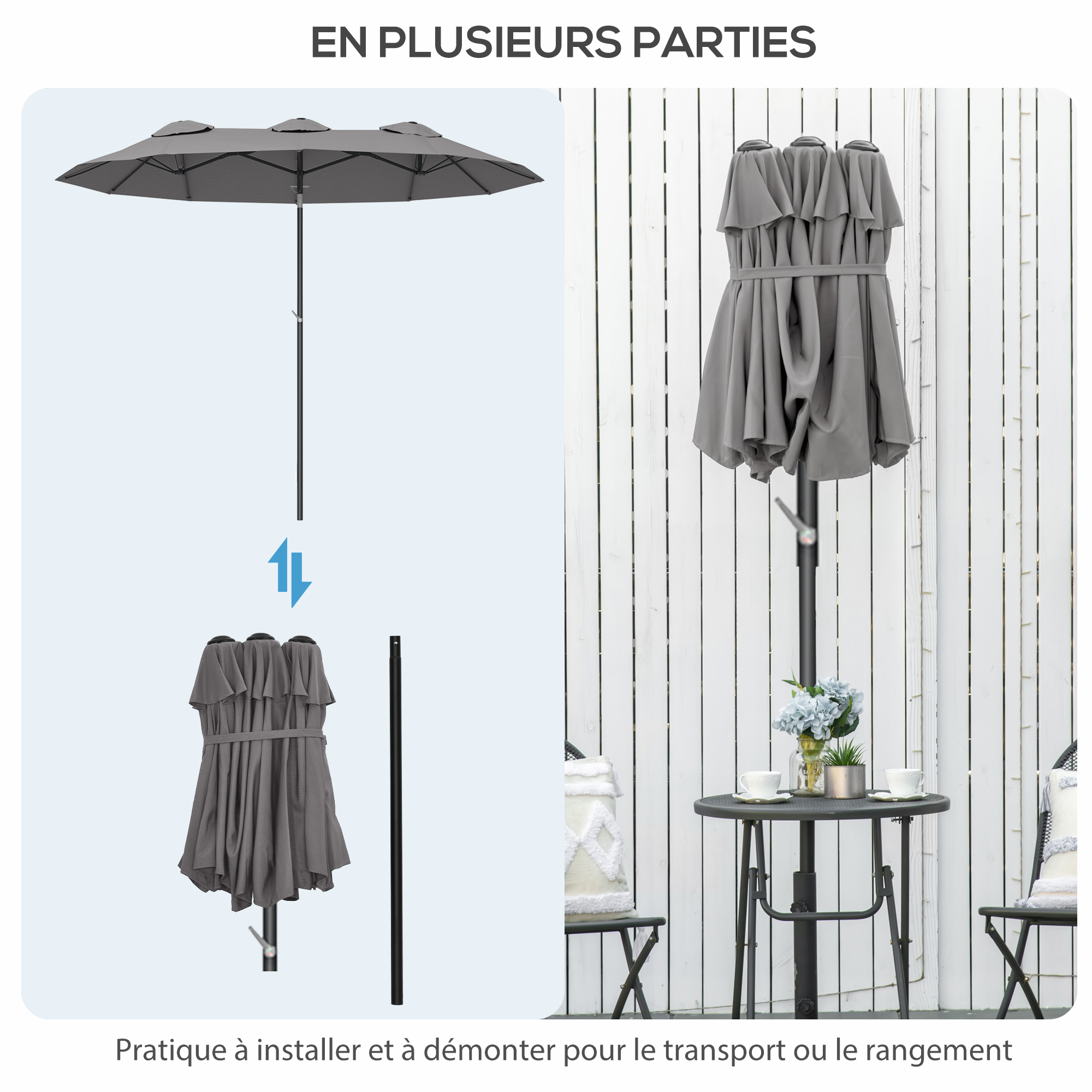 Parasol, 285 X 147cm Tuin Paraplu, Marktscherm Met Verstelbare Hellingshoek Dubbele Zonnescherm Met Winddak Voor Terras Kaki