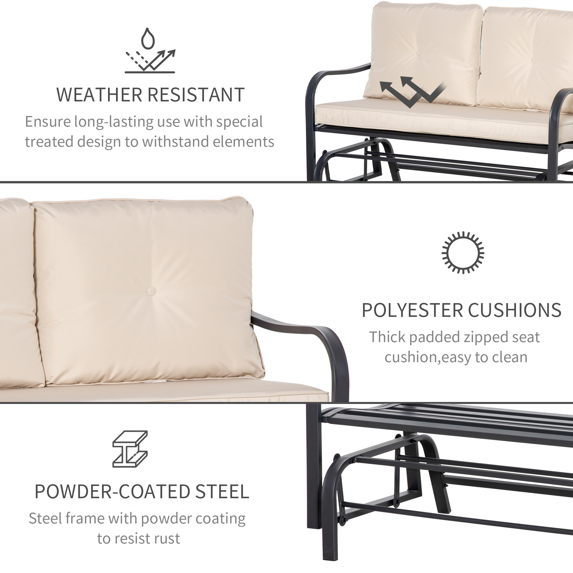 Outsunny 2-Person Outdoor Loveseat Glider Bench Rocking Chair for Patio, Garden, Yard, Porch with Armrest and Cushions, Khaki 5