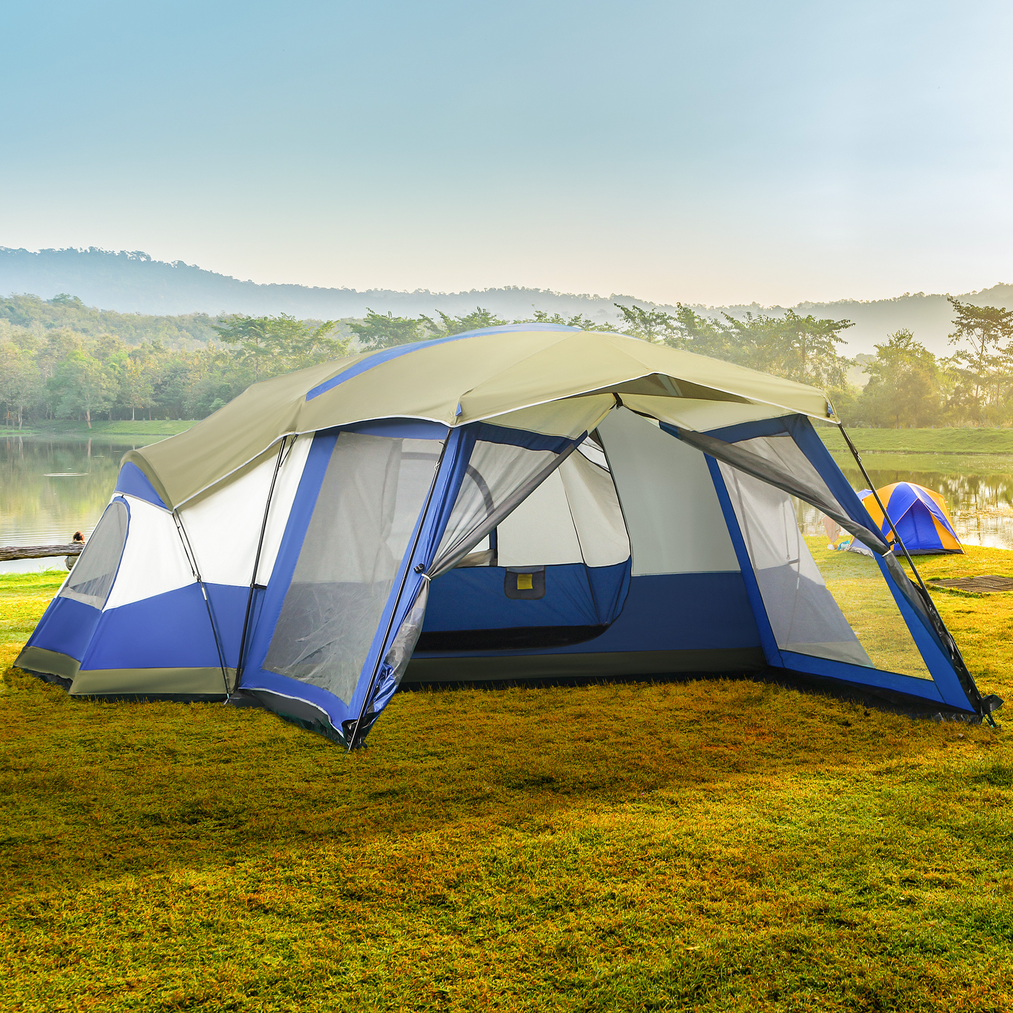 Outsunny Camping Zelt 6-8 Personen Zelt Familienzelt mit Vorraum 2 Fenster  Kuppelzelt Kunstleder3000mm fr Trekking Festival Glasfaser Blau 518 x 487  ...