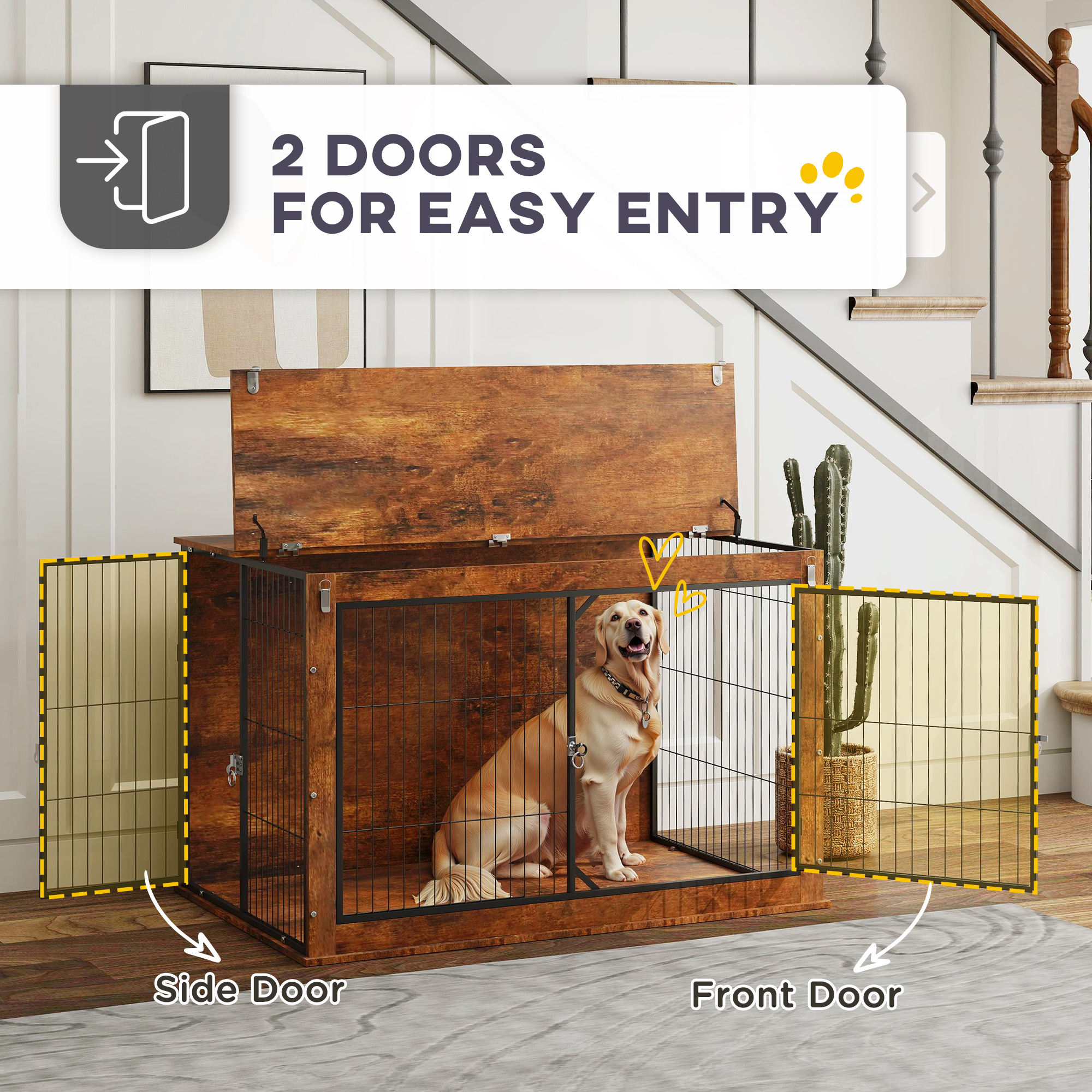 PawHut Dog Crate Furniture with Openable Top, Two Doors, for Extra Large Dogs, Rustic Brown 6