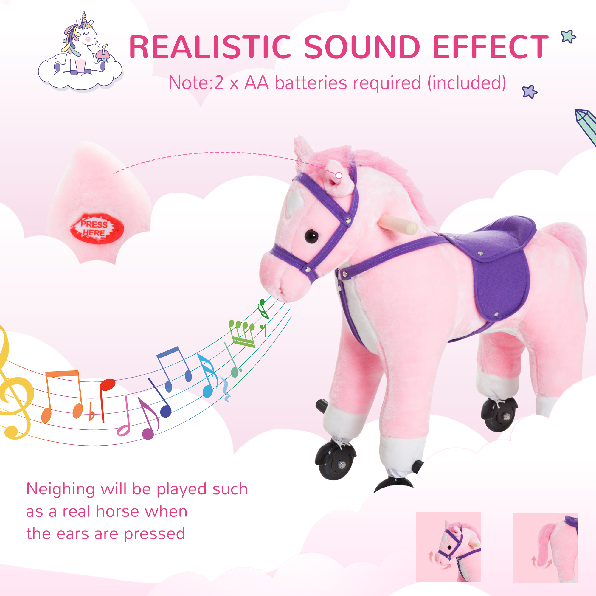 HOMCOM Rocking Horse Kids Ride on Walking Horse Animal Pony Wheeled Riding Plush Toy w/Sound for 2 Years and Up (Pink) 5