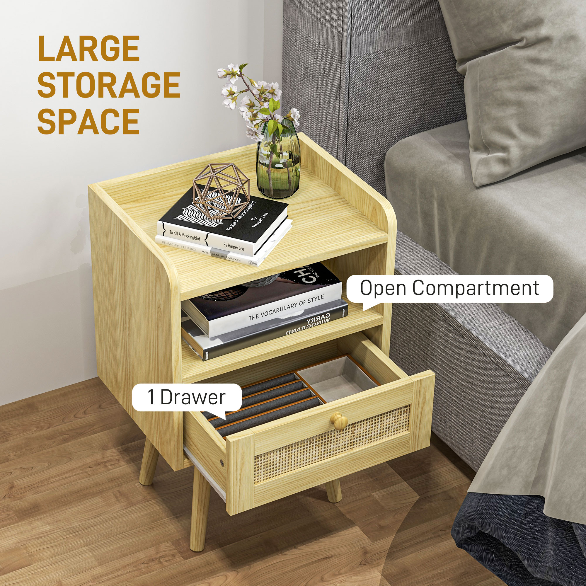 HOMCOM Set of Two Rattan Weave Bedside Tables Wood Effect 4