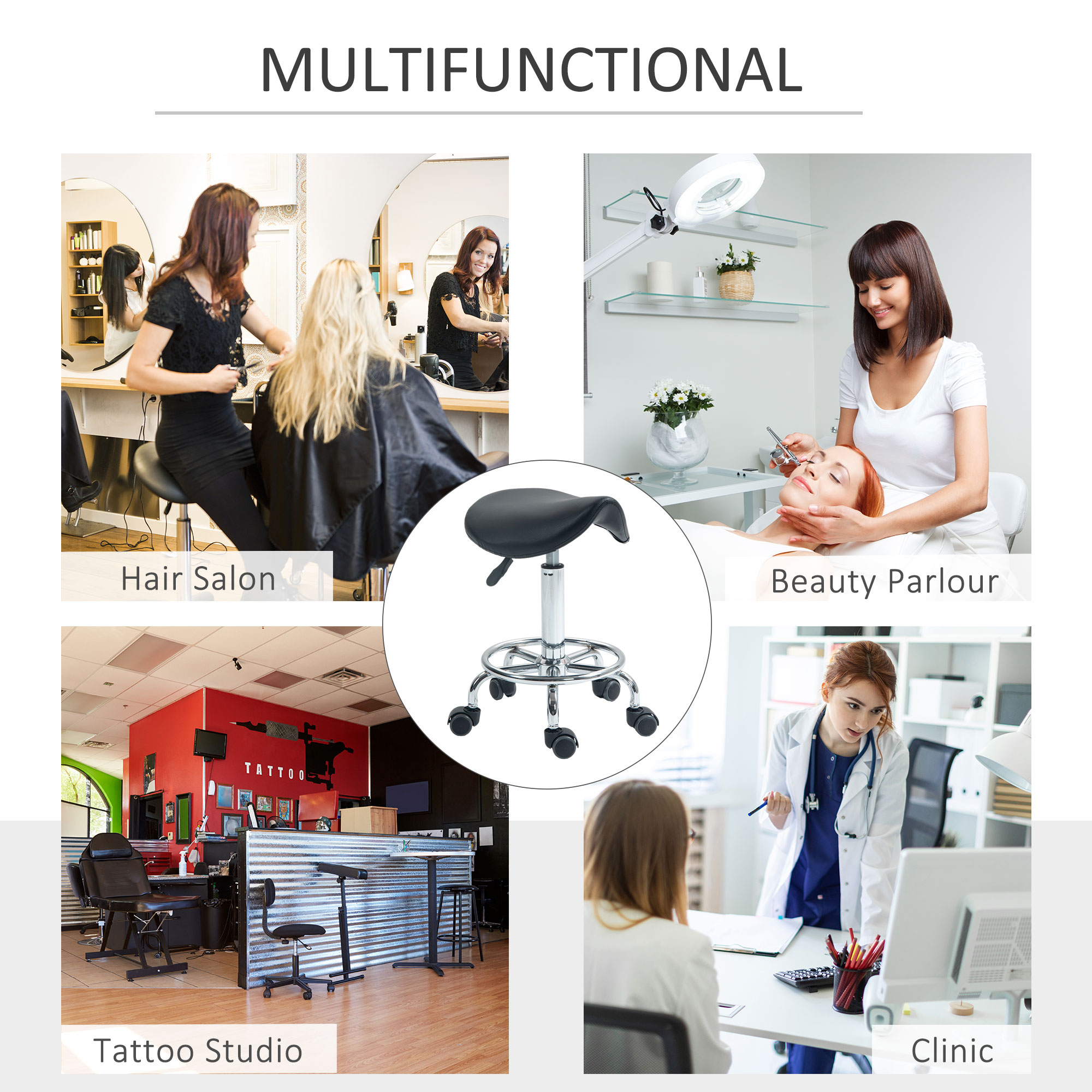 HOMCOM Salon Saddle Stool, Rolling Saddle Chair for Massage, Spa, Clinic, Beauty, Hairdressing and Tattoo, Black 7