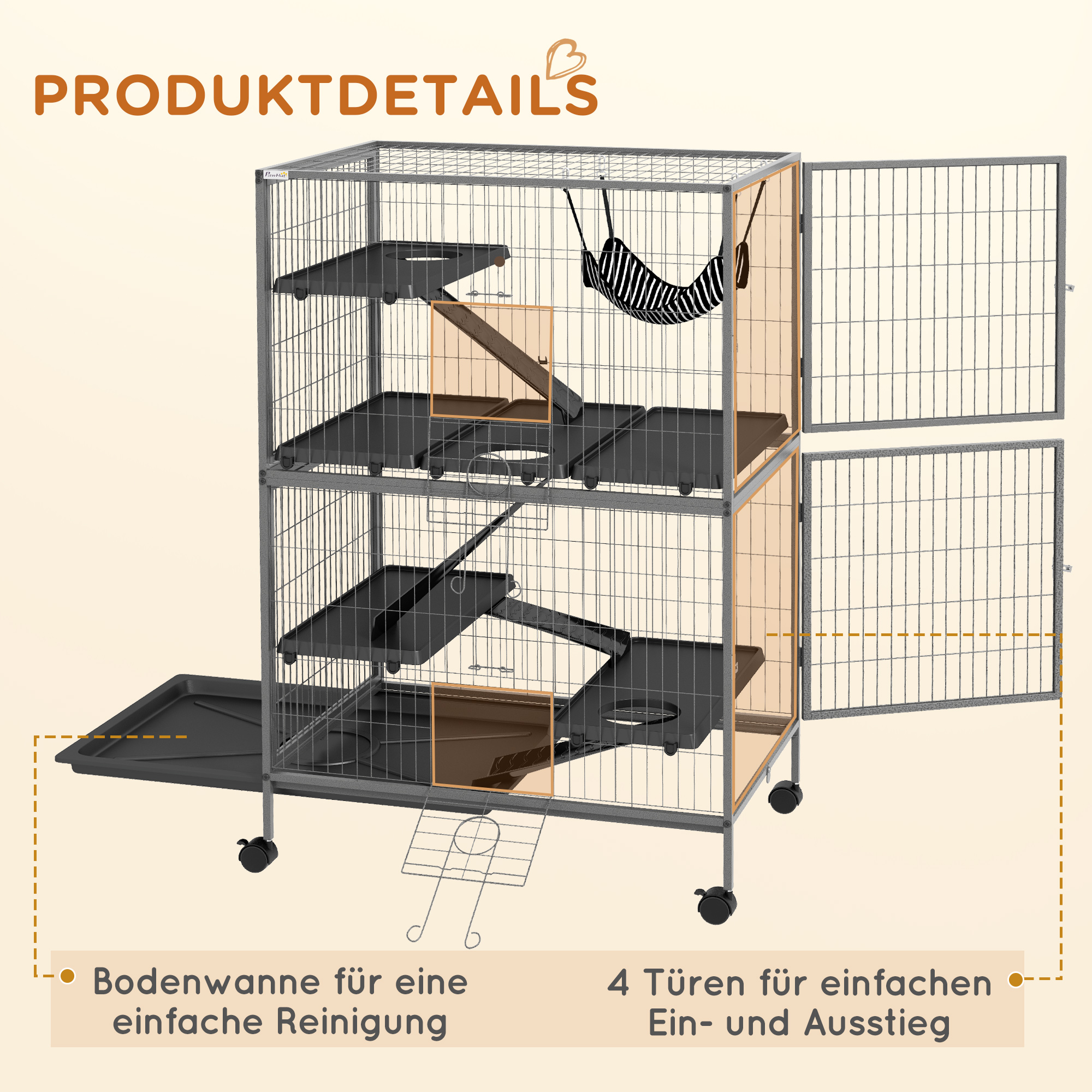 Väikeloomade puur võrkkiigega, näriliste puur ratastega, 4-korruseline puur, metall, plastik, 80 x 52 x 128 cm, hall