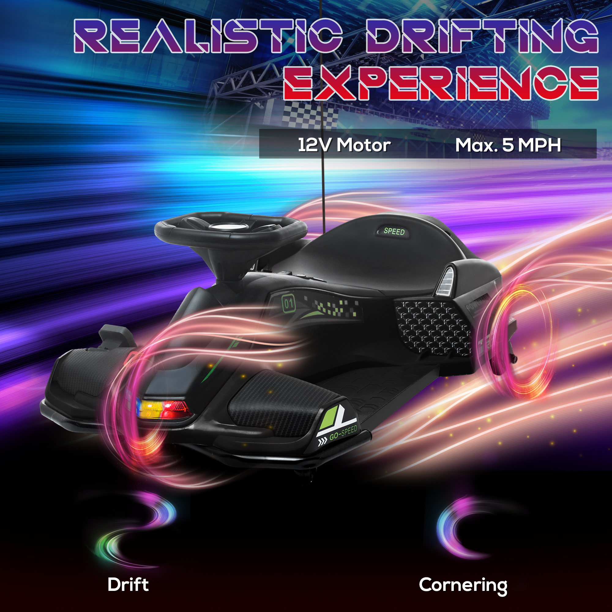 HOMCOM 12V Kids Electric Go Kart with Music, LED Lights, Slow Start, Black 4