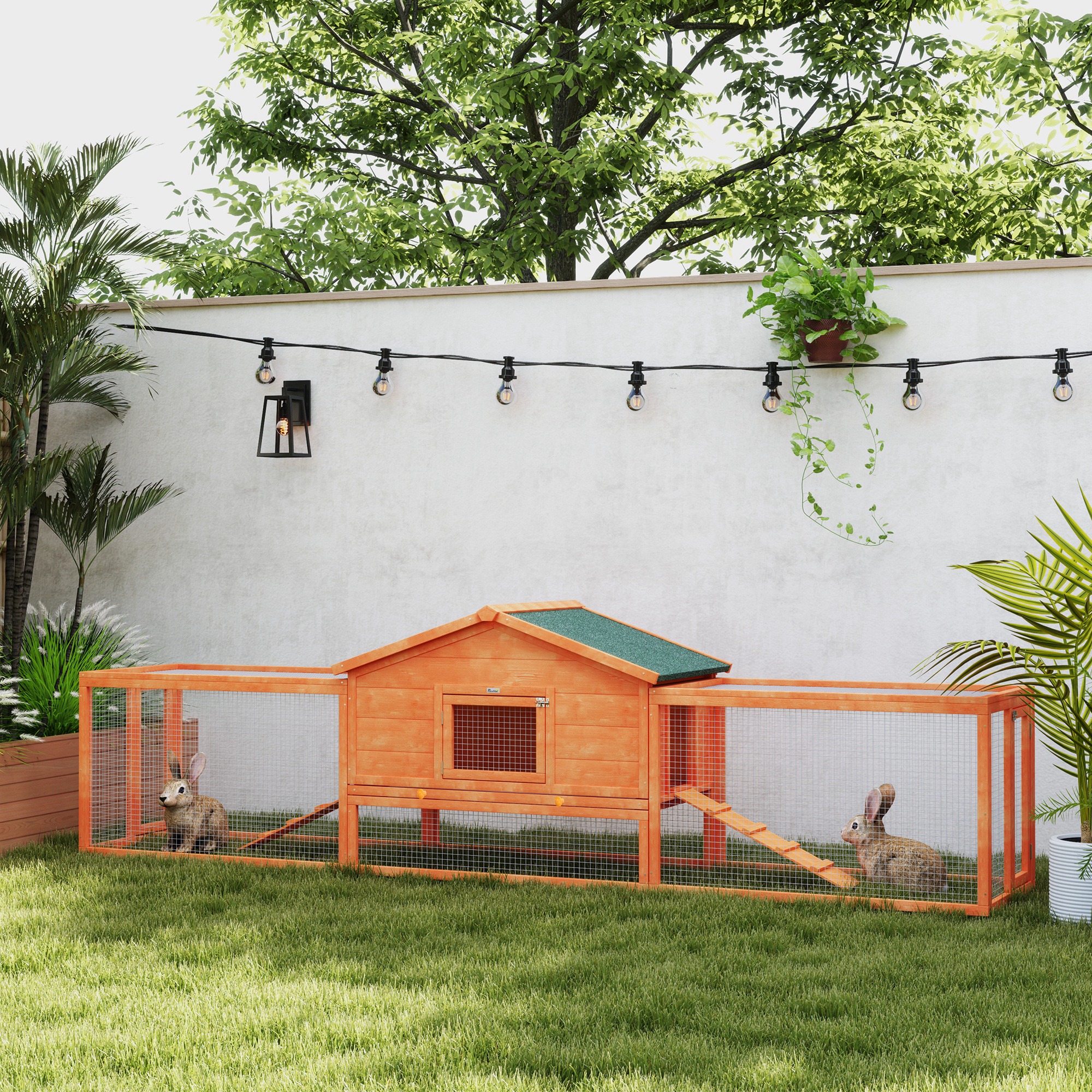 PawHut Wooden Rabbit Hutch with Run, Tray, Ramps, Asphalt Roof, 309 x 70 x 87cm, Orange 2