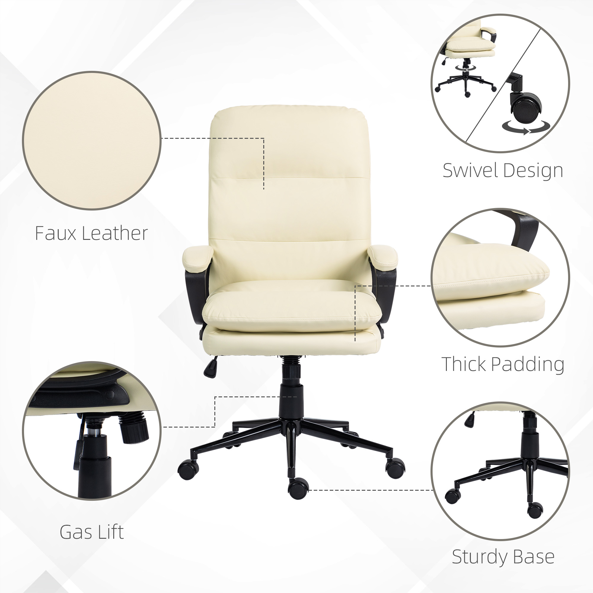 Vinsetto Office Chair, PU Leather Computer Desk Chair Office Chair with Adjustable Height and Swivel Rolling Wheels for Work Study, Cream White 5