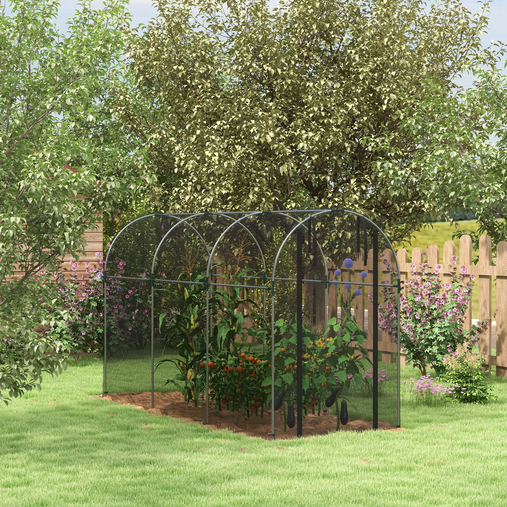 Outsunny 360 x 120cm Galvanised Steel Fruit Cage, Plant Protection Tent with Zipped Door, Black 2