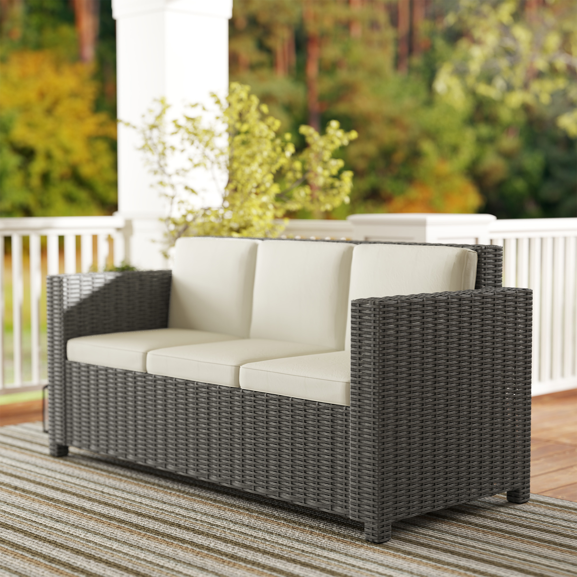 Outsunny 3 Seater Rattan Sofa All-Weather Wicker Weave Metal Frame Chair with Fire Resistant Cushio-Cream 8