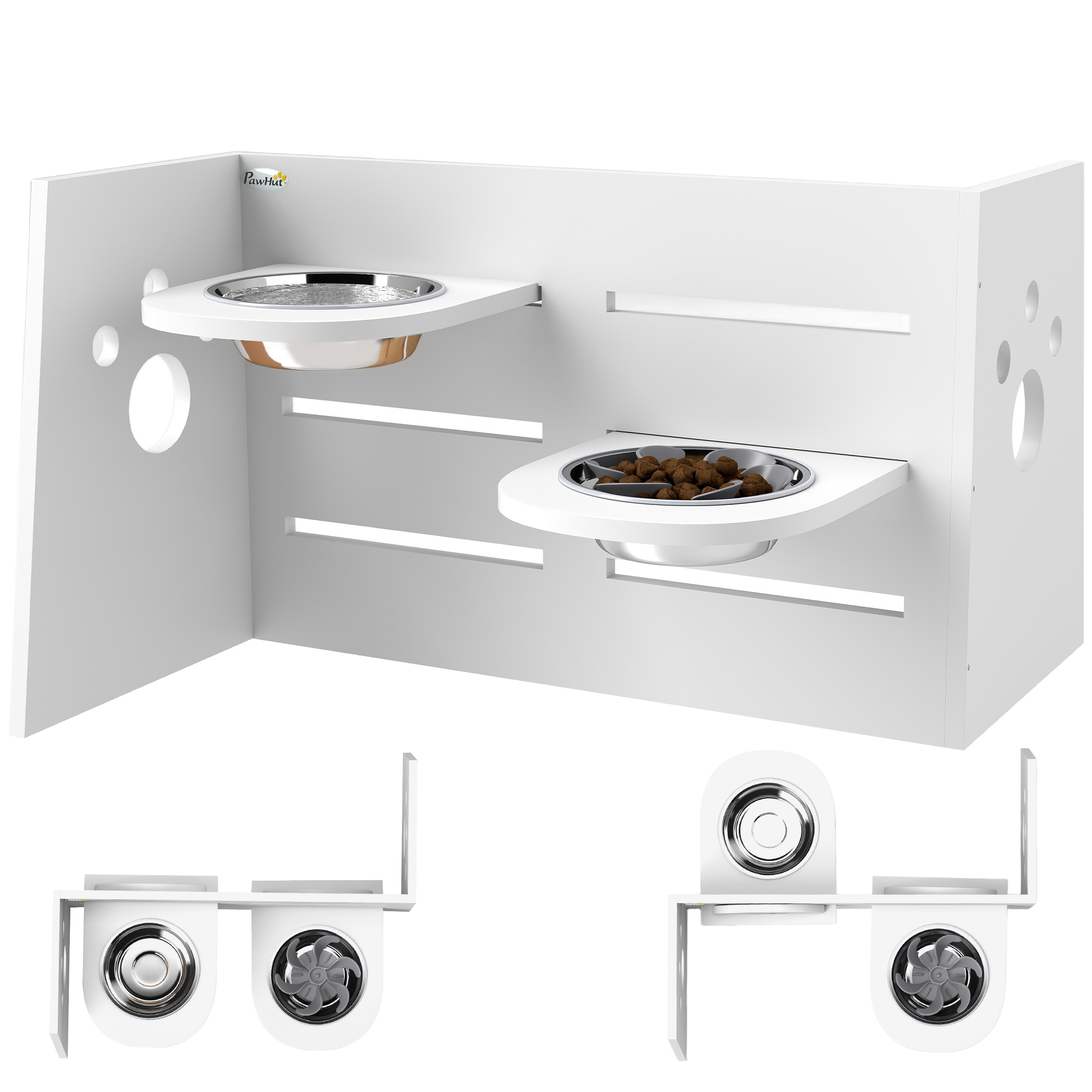 PawHut Comedero Elevado Doble para Perros con Altura Ajustable y Sistema de Alimentación Lenta 63x58,5x40 cm Blanco