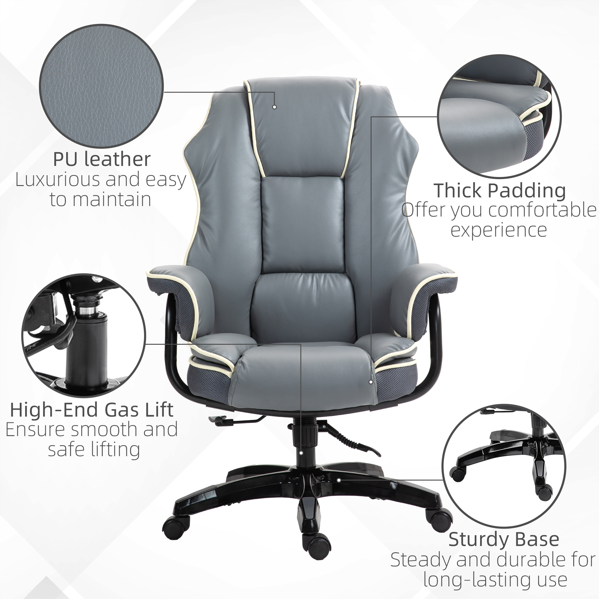 Vinsetto Faux Leather Executive Office Chair, with Contrast Piping Grey/White 8