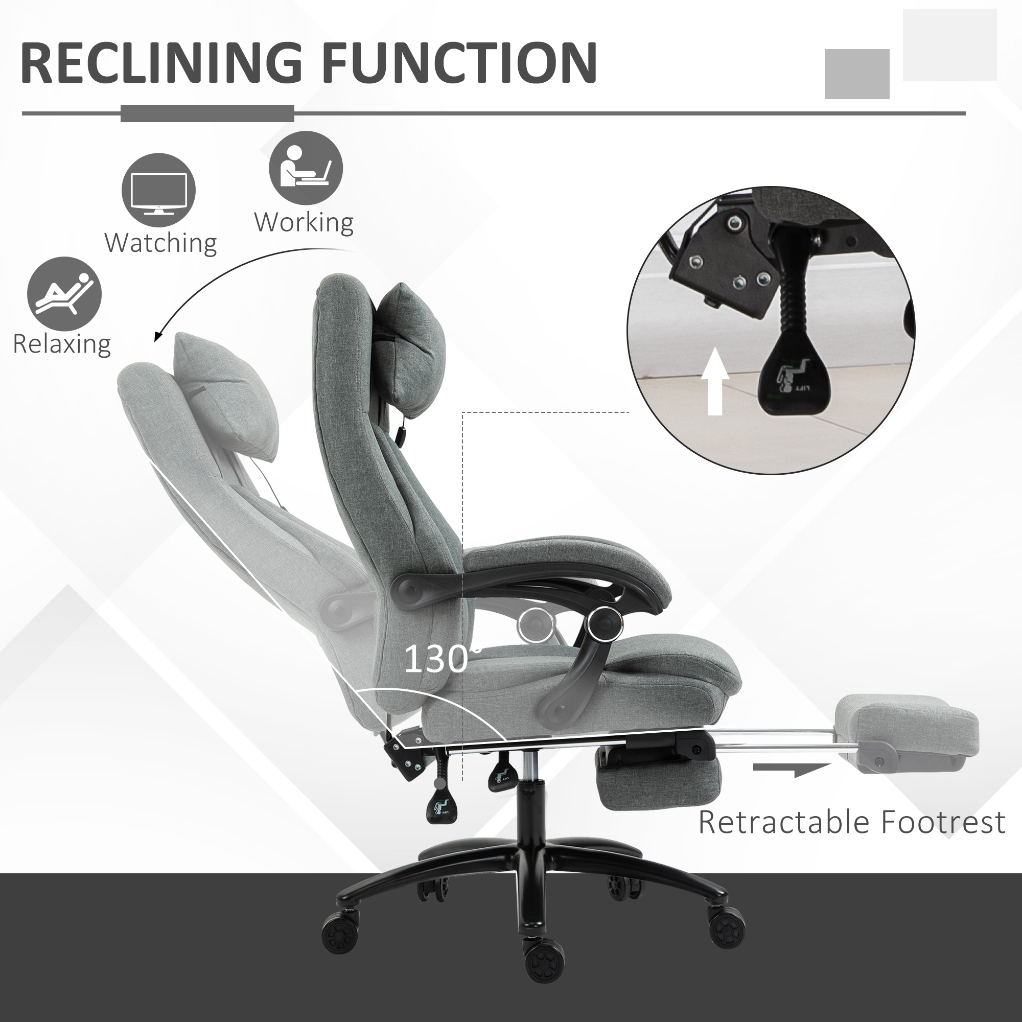 Vinsetto Office Chair, Fabric Desk Chair with Adjustable Massage Pillow, USB Power and Retractable Footrest, High Back, 360° Swivel, for Home, Grey 5