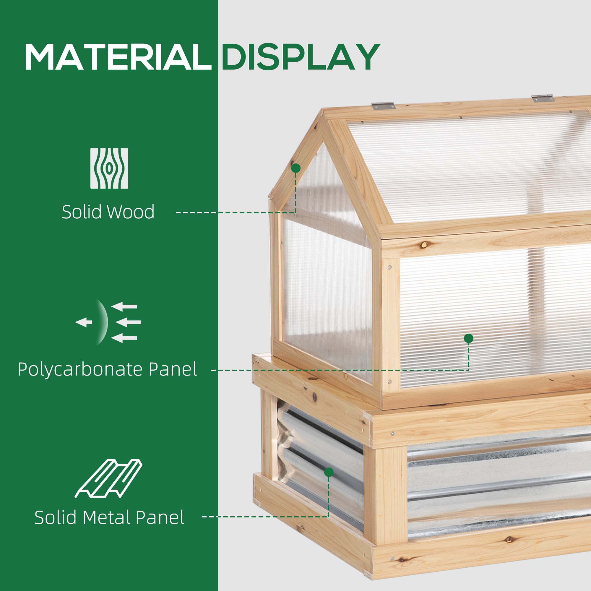 Outsunny Raised Garden Bed with Greenhouse Top, Garden Wooden Cold Frame Greenhouse Flower Planter Protection with 2 Independent Roofs, 122x 61 x 82cm, Natural 6
