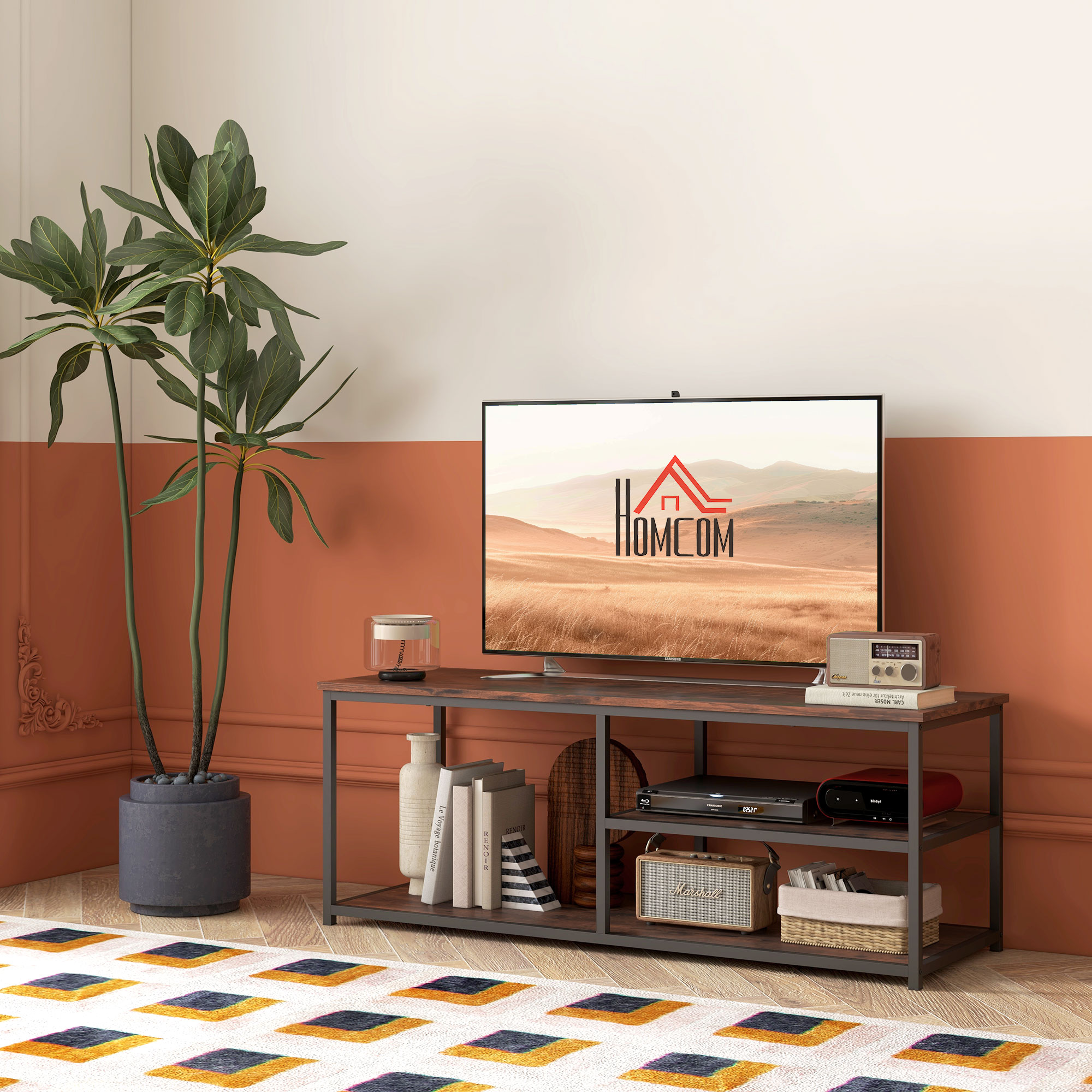 HOMCOM TV Unit for 55 inch TVs, Industrial TV Table with 2 Storage Shelves and Metal Frame, Entertainment Unit For living Room, Rustic Brown 2