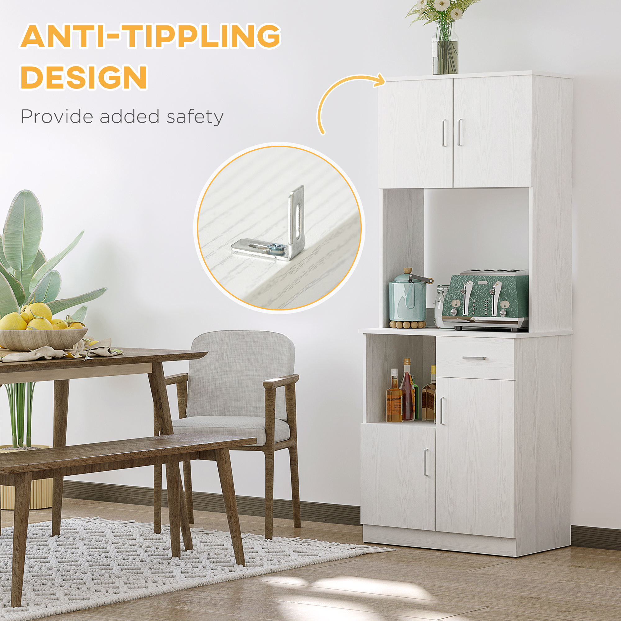 HOMCOM Freestanding Kitchen Cupboard, Modern Kitchen Storage Cabinet with Doors, Microwave Counter and Adjustable Shelves, White 8