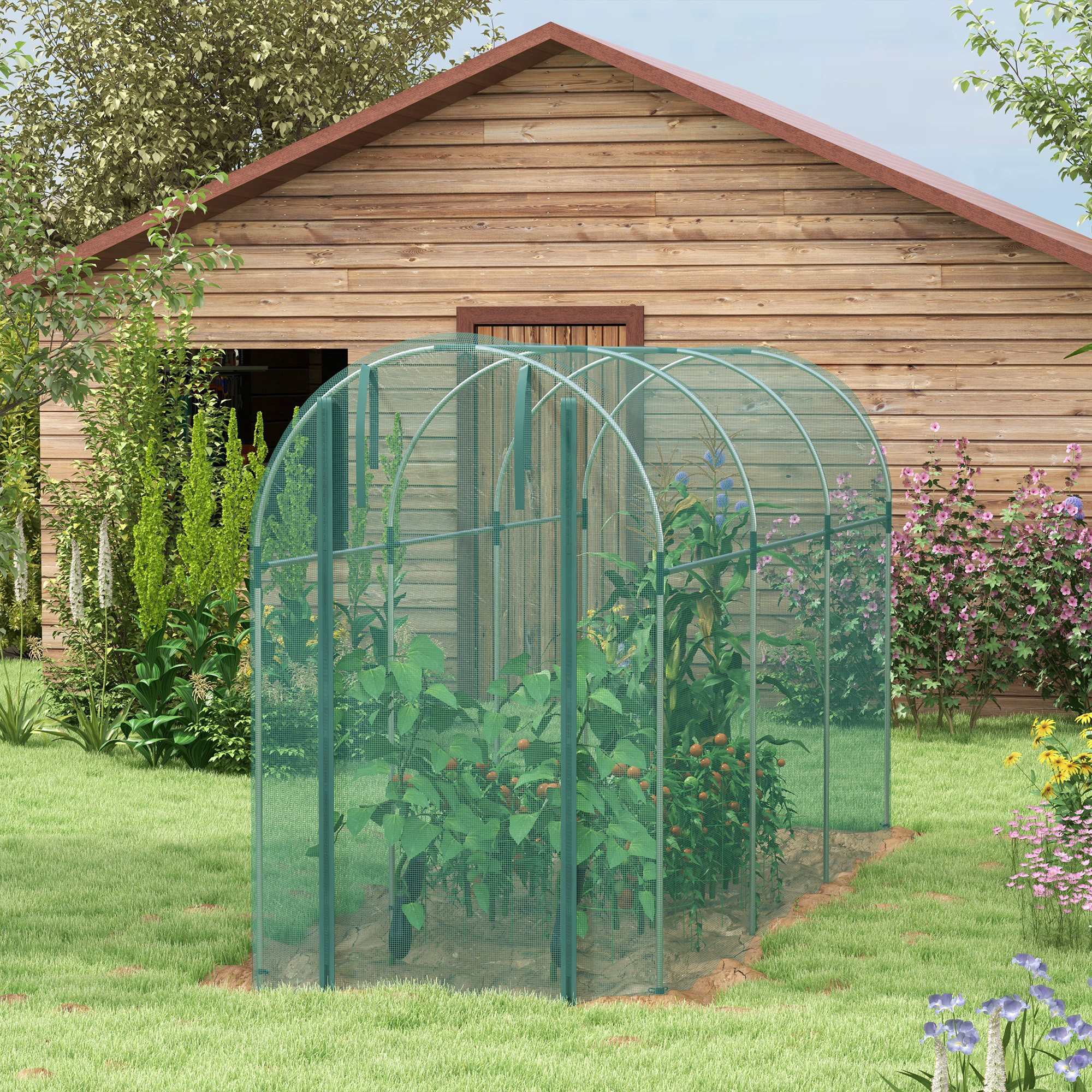 Outsunny 360 x 120cm Galvanised Steel Fruit Cage, Plant Protection Tent with Zipped Door, Green 8