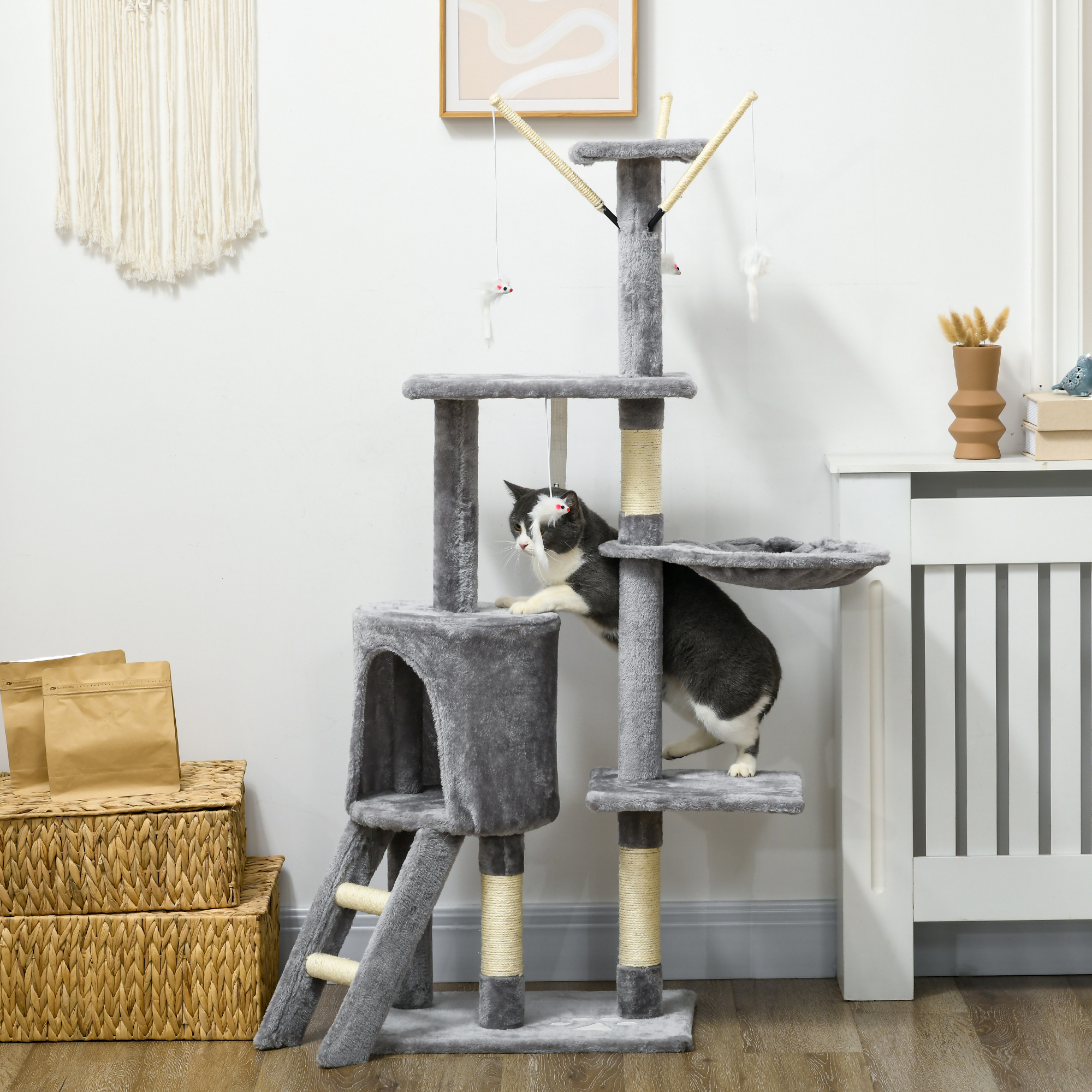 PawHut Cat Scratching Post Cat Tree for Indoor Cats Climbing Tower Scratcher w/ Ladder Kitty Activity Centre 135cm Grey 2