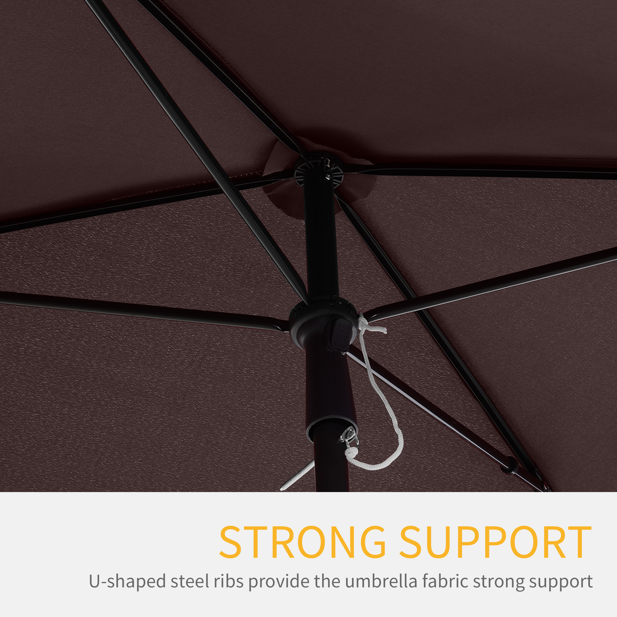 Outsunny Garden Parasol Umbrella, Outdoor Market Table Umbrella with Ruffles & Aluminium Pole, Rectangular Tilting Parasol Sun Shade Canopy, 2 x 1.3m, Brown 7